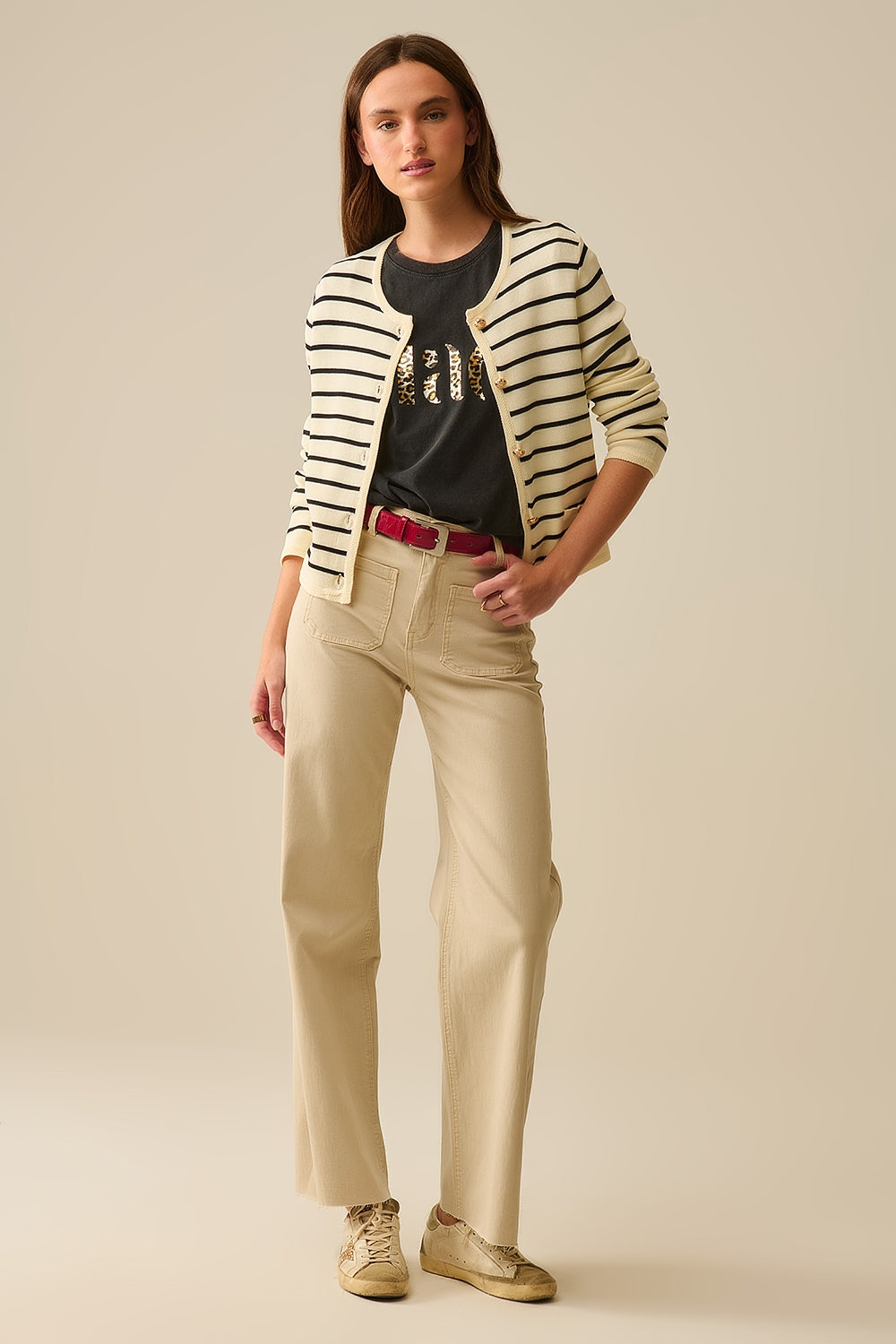 Black Striped Cream Cardigan with Gold Buttons - Cozy Knit Sweater for Women, Perfect for Fall & Winter Layering, Office Wear, and Casual Outfits