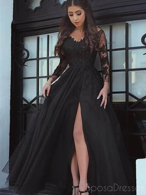 Elegant Black Long Sleeve Side Slit Evening Gown - Sweet 16 Prom Dress for Women | Formal Party, Homecoming, Wedding Guest Outfit