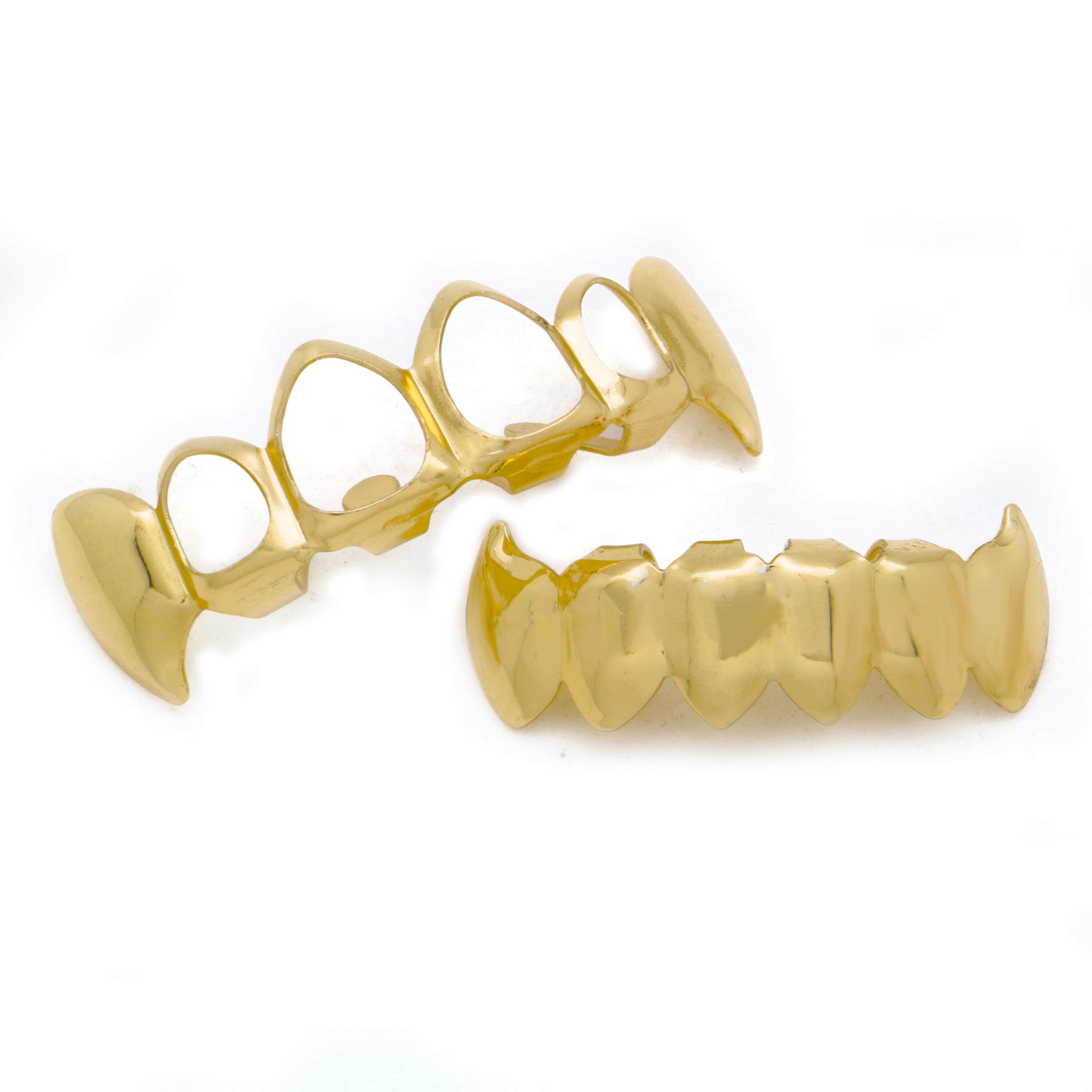 18K Gold Plated 4 Open Face Grillz Teeth - Top & Bottom Grill Set for Men and Women | Hip Hop Jewelry, Rap Style Accessories for Concerts & Parties