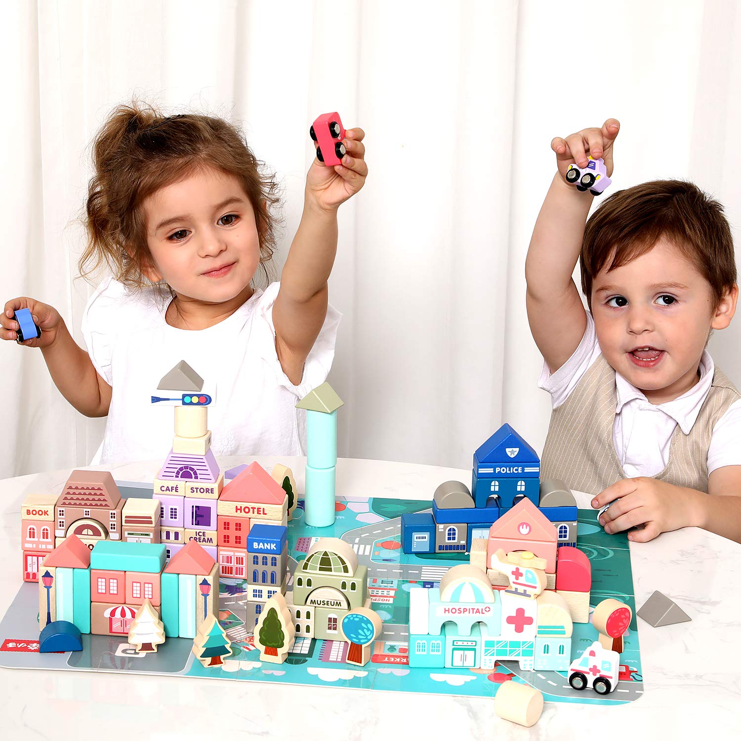 Lewo 115pcs Wooden Building Blocks - Educational STEM Toys for Kids 3-6 Years | Creative City Map Playset for Preschool Learning