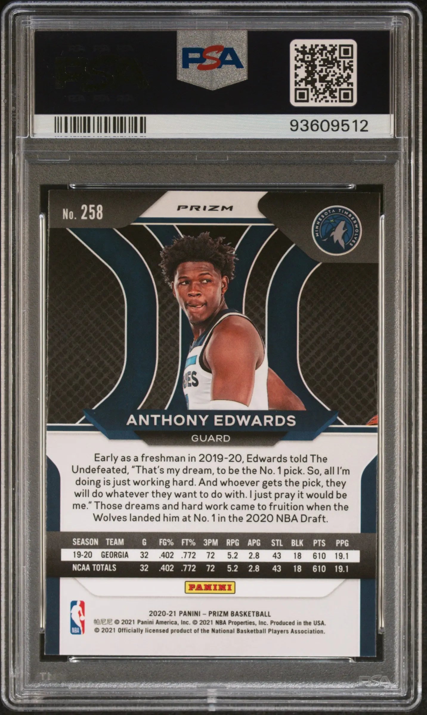 2020 Panini Prizm Basketball Anthony Edwards Rookie Card Ruby Wave Prizm PSA 9 Mint - Collectible NBA Trading Card for Fans & Investors
