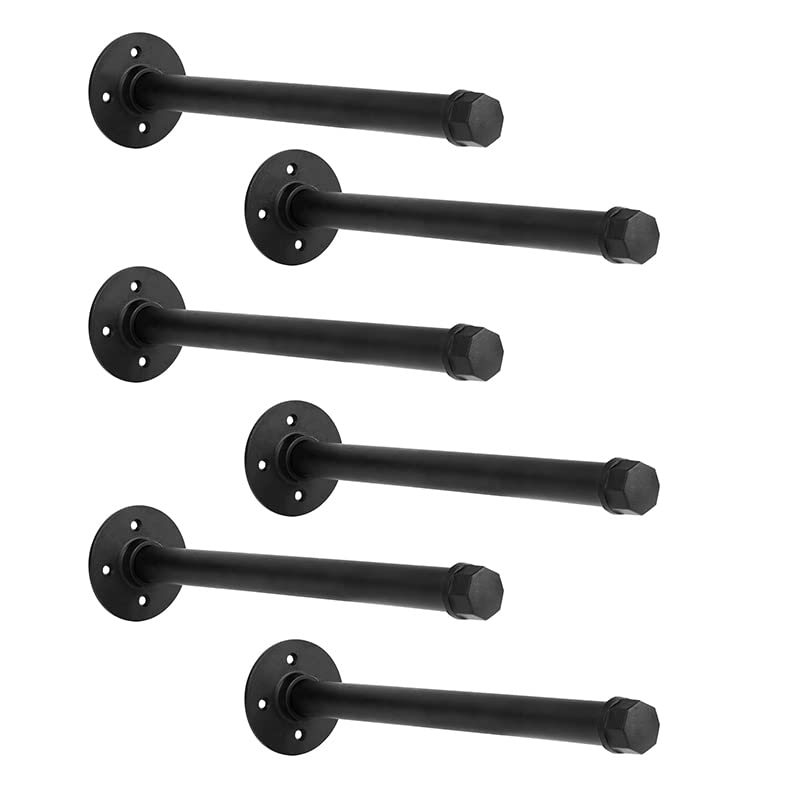 Industrial Black Iron Pipe Shelf Brackets - 8 Inch Set of 6 for DIY Shelving, Wall Mount, Rustic Decor & Garment Rack | Heavy Duty Hardware Included | Perfect for Home Office, Workshop & Farmhouse Style