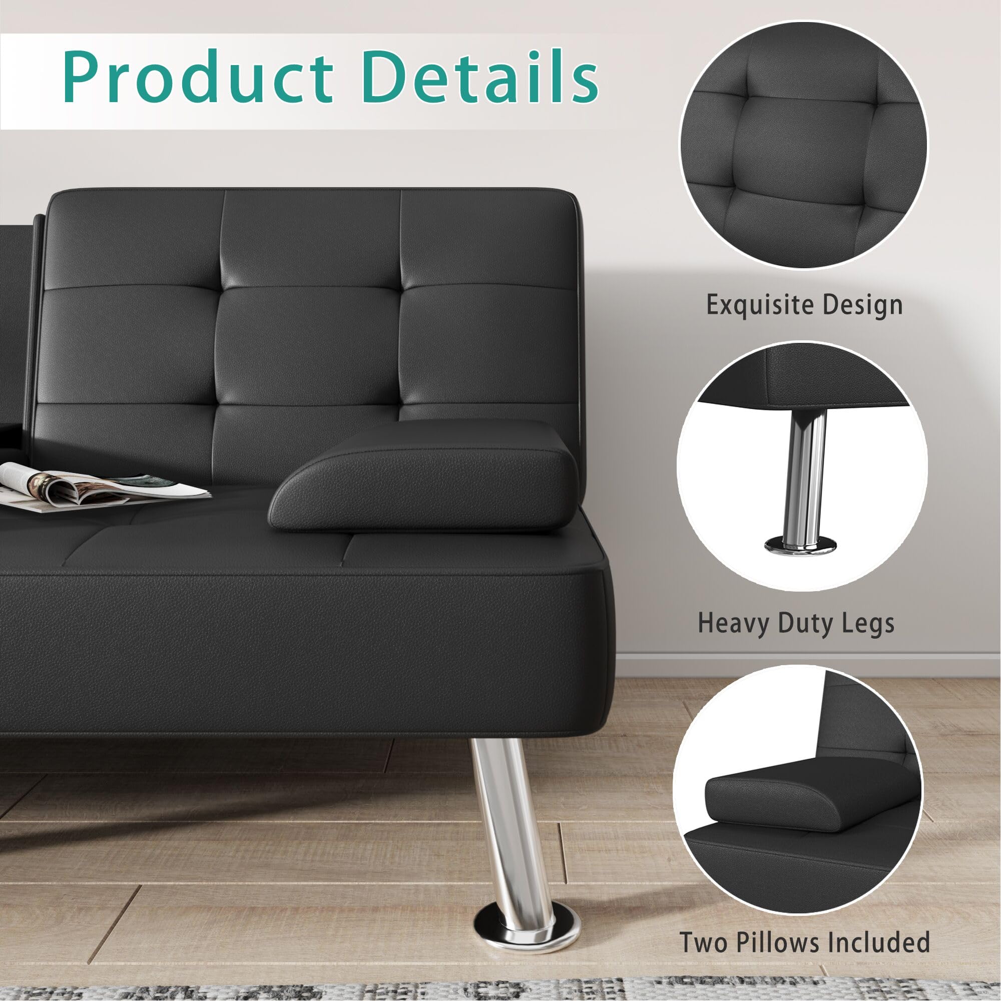 Modern Convertible Futon Sofa Bed with 2 Cup Holders & Removable Armrests - PU Leather Folding Lounge Recliner for Living Room, Guest Room & Small Spaces (Black)