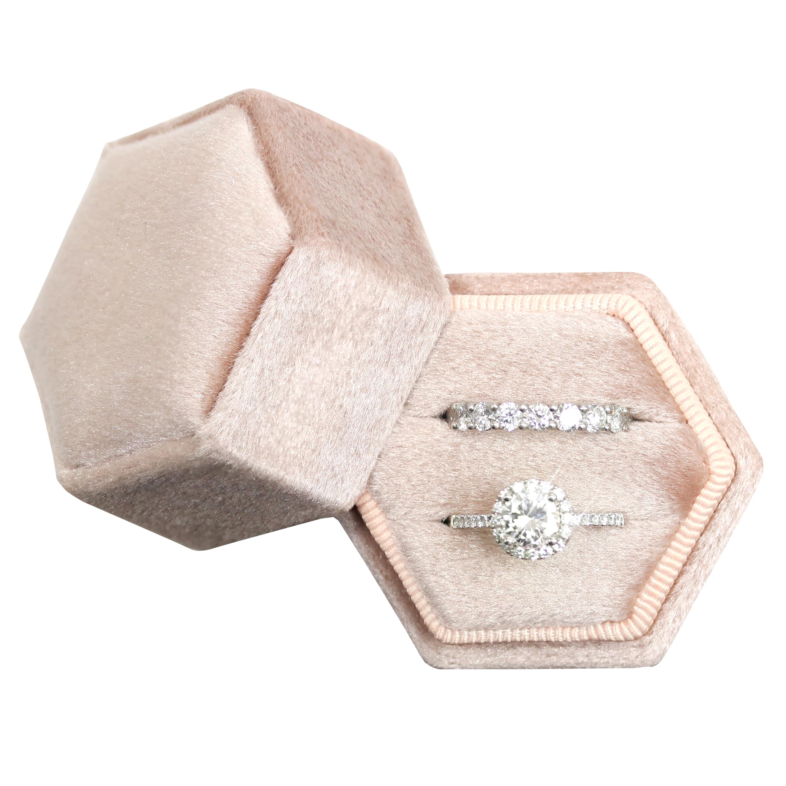 Hexagon Velvet Jewelry Ring Box - 2 Slots Engagement Ring Holder with Detachable Lid for Wedding, Proposal & Ceremony (Blush Peach) - Perfect for Bridal Shower, Anniversary & Gift Giving