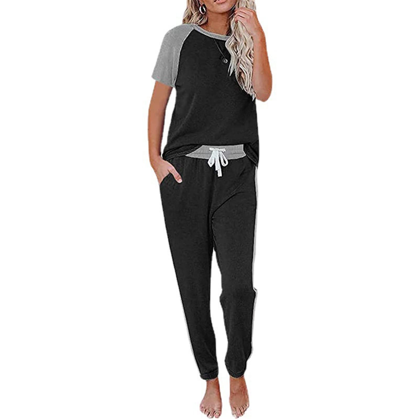 Women's Striped Tracksuit Set - Short Sleeve & Pants for Lounge & Jogging