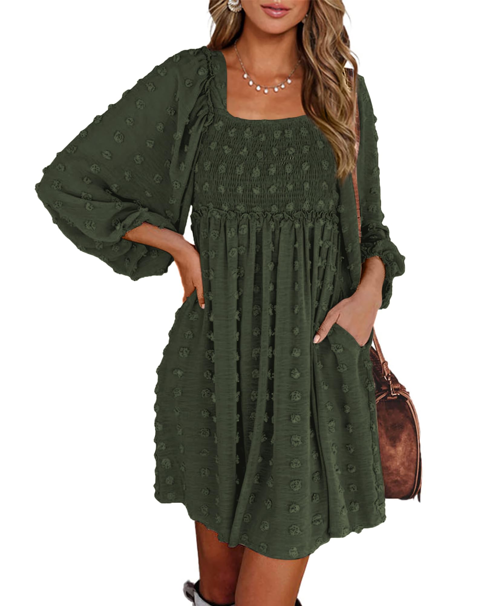 BTFBM Women's Floral Swiss Dot Smocked Mini Dress - Square Neck Long Sleeve Boho Wedding Guest Dress for Spring Summer 2025 | Perfect for Garden Parties, Bridal Showers & Date Nights
