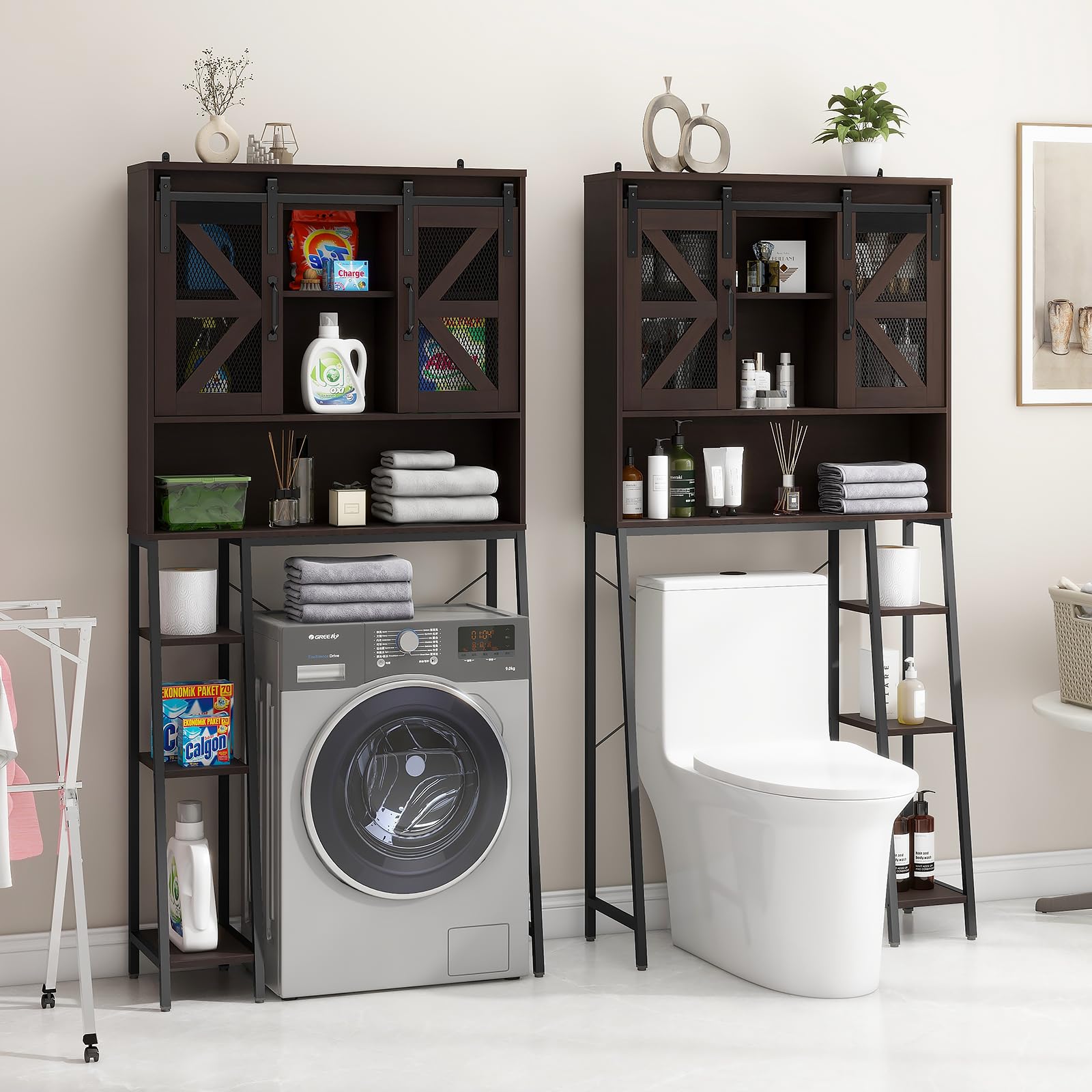 Farmhouse Over The Toilet Storage Cabinet with 2 Sliding Barn Doors - Space Saving Bathroom Organizer for Toiletries, Towels & Laundry - Perfect for Small Bathrooms, Restrooms & Apartment Living (Espresso Finish)