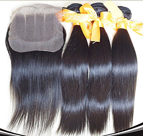 DaJun Hair 7A Grade 3-Part 4x4 Lace Closure with Premium Peruvian Remy Human Hair Weave Bundles - 4 Piece Set in Natural Straight & Natural Color | Perfect for Protective Styles, Sew-In Weaves & Everyday Wear