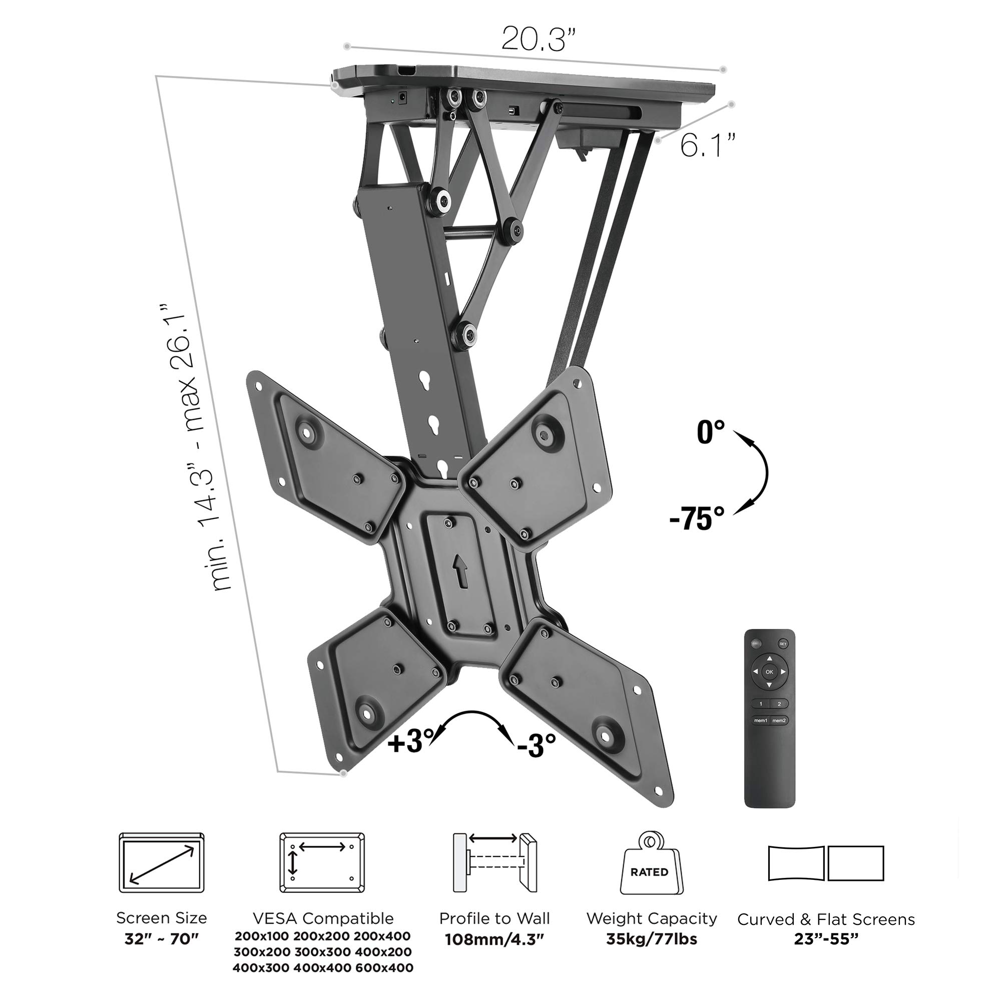 TechOrbits Motorized TV Mount - Electric Ceiling TV Bracket for 23