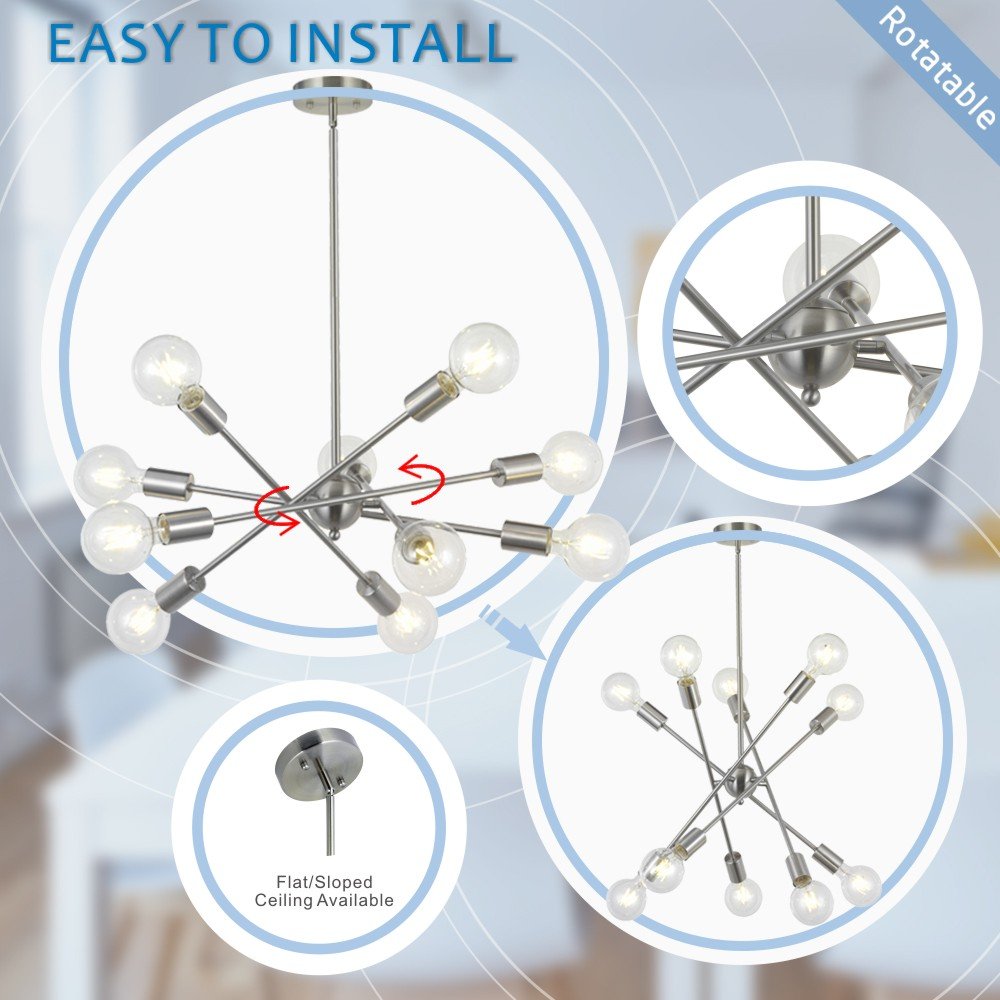 BONLICHT Modern Sputnik Chandelier - 10-Light Adjustable Arm Mid Century Pendant Light in Brushed Nickel - Perfect for Kitchen, Dining Room, Living Room & Entryway Lighting