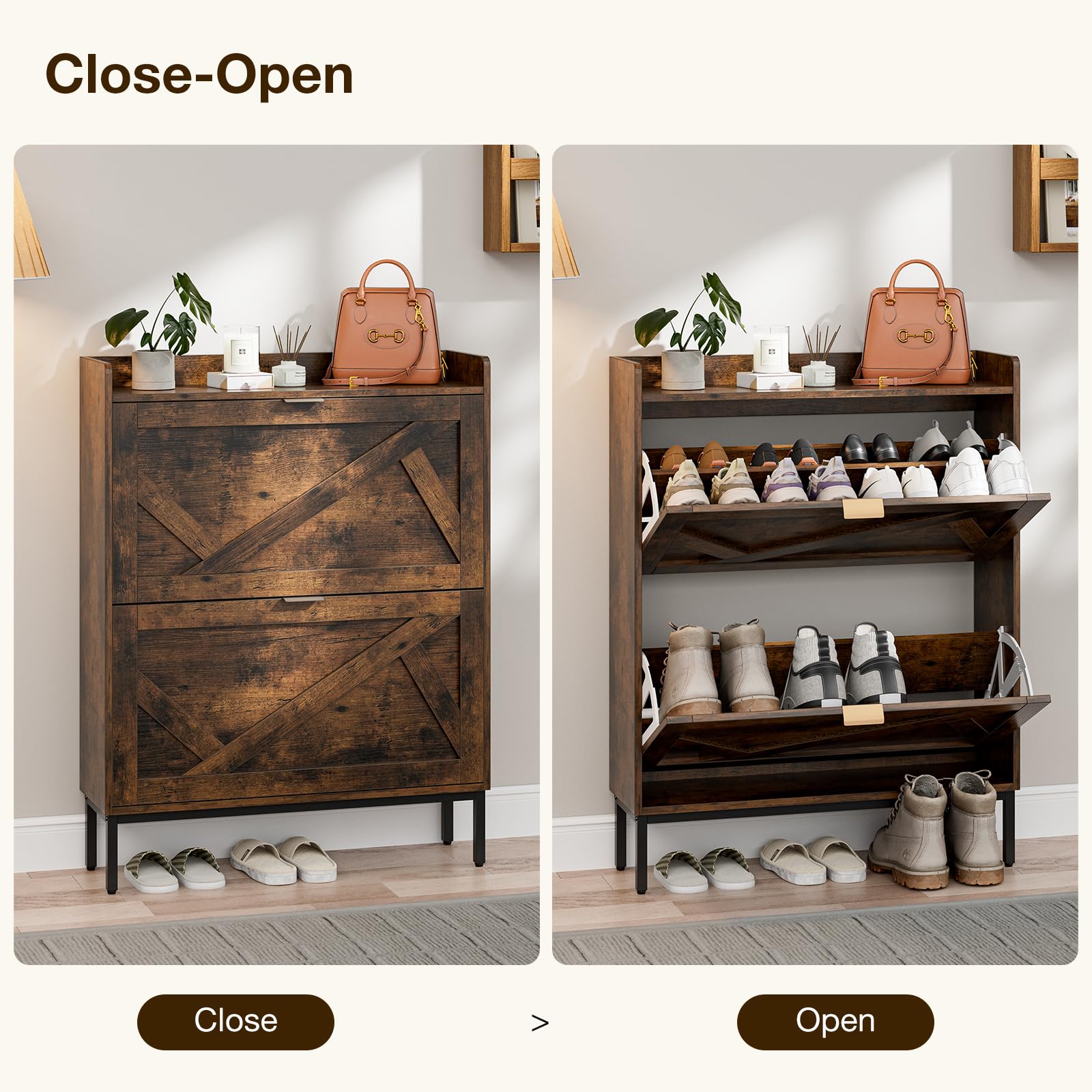 Wooden Entryway Shoe Storage Cabinet with 2 Hidden Drawers - Slim Space-Saving Shoe Organizer for Hallway, Entrance & Small Spaces - Rustic Brown Flip Shoe Rack Perfect for Apartments & Mudrooms