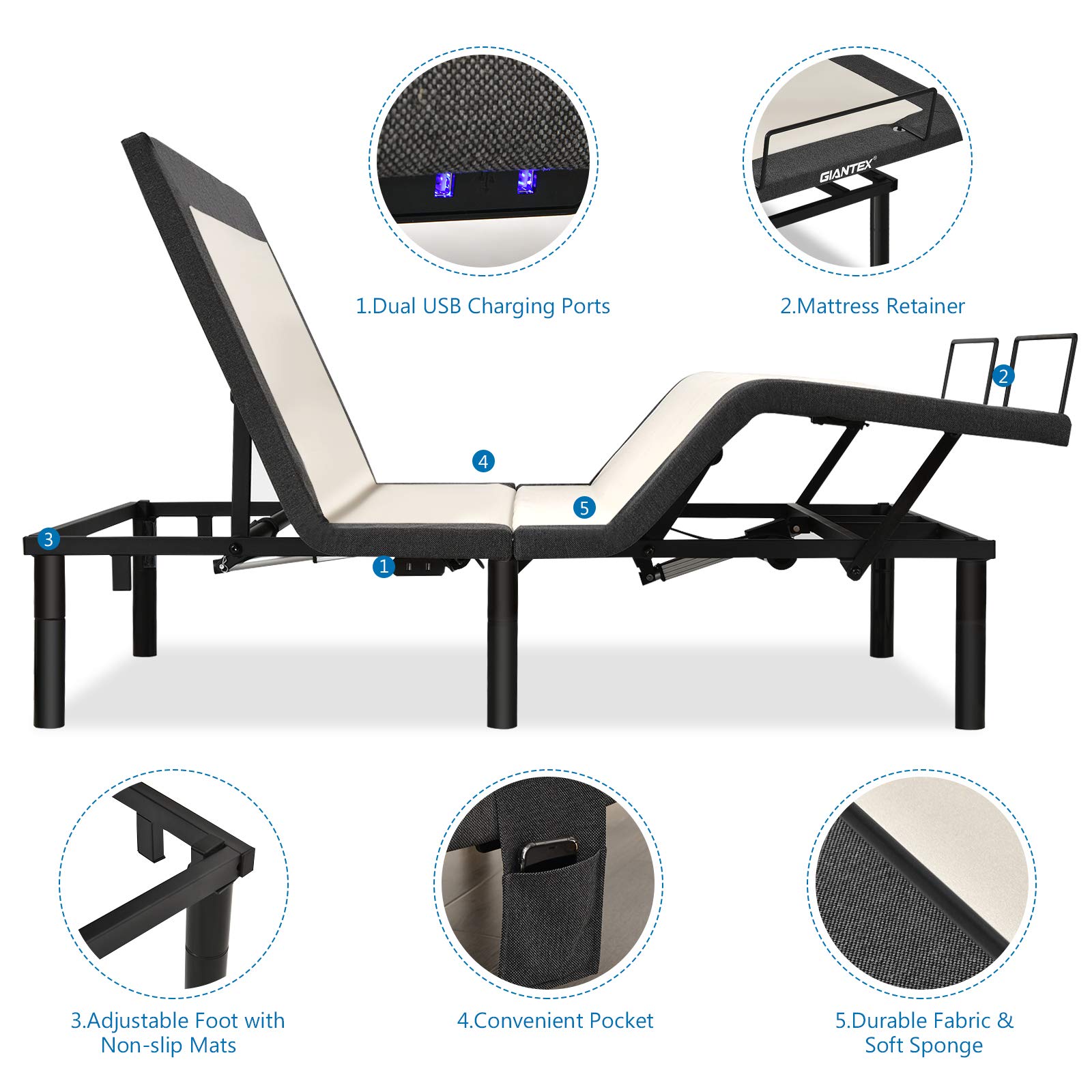Giantex Queen Size Adjustable Bed Base with Remote Control - Zero Gravity Electric Bed Frame with Head & Foot Incline, Vibration Massage, USB Charging Ports, Under-Bed LED Nightlight, Preset & Memory Positions - Perfect for Home, Office, or Hospital Use