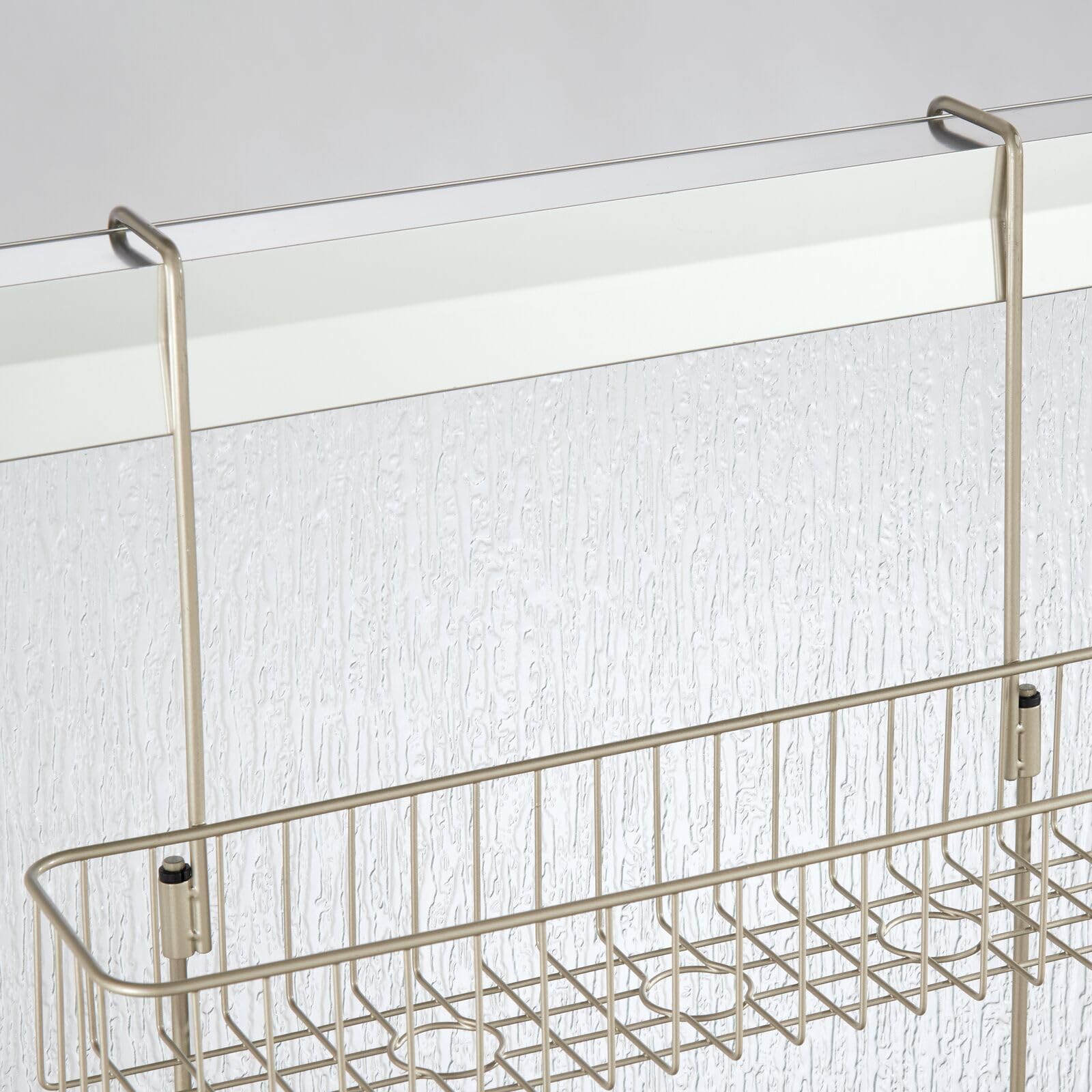 mDesign Extra Wide Metal Wire Over The Shower Door Caddy - 2-Tier Hanging Bathroom Storage Organizer with Built-in Hooks & Baskets for Shampoo, Body Wash, Loofahs - Satin Finish - Perfect for Small Bathrooms & Space-Saving Shower Organization