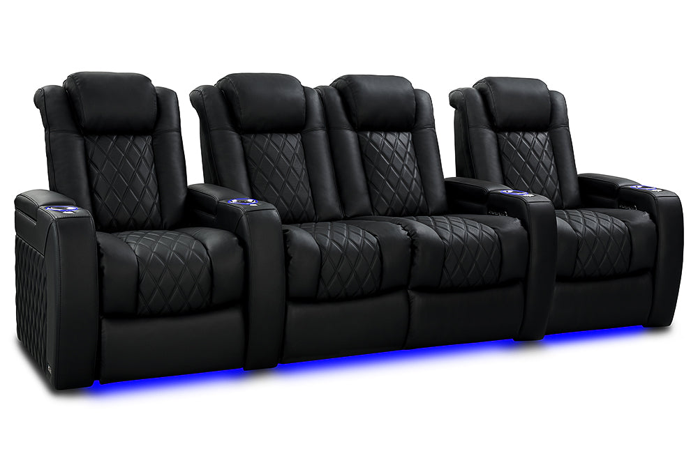 Valencia 2025 New Tuscany Slim Luxury Leather Home Theater Seating - 4 Seat Loveseat Center Console in Onyx Black | Premium Home Cinema Furniture for Movie Nights & Entertainment Rooms