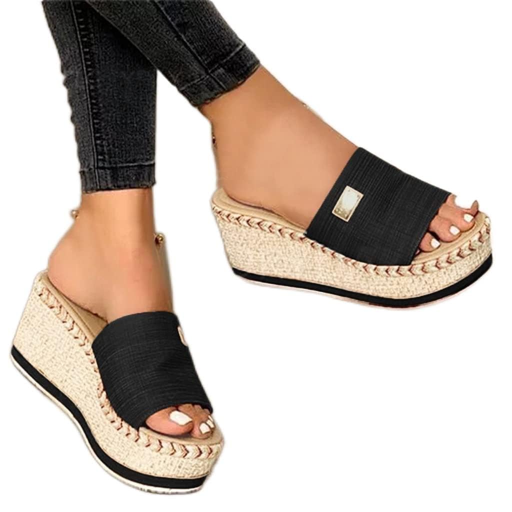 Women's Platform Sandals - Comfortable Wedge Slide Sandals with Open Toe & Espadrille Design | Casual & Dressy Slip-On Walking Sandals | Perfect for Beach, Vacation, Summer Outfits & Daily Wear (Black, Size 6)