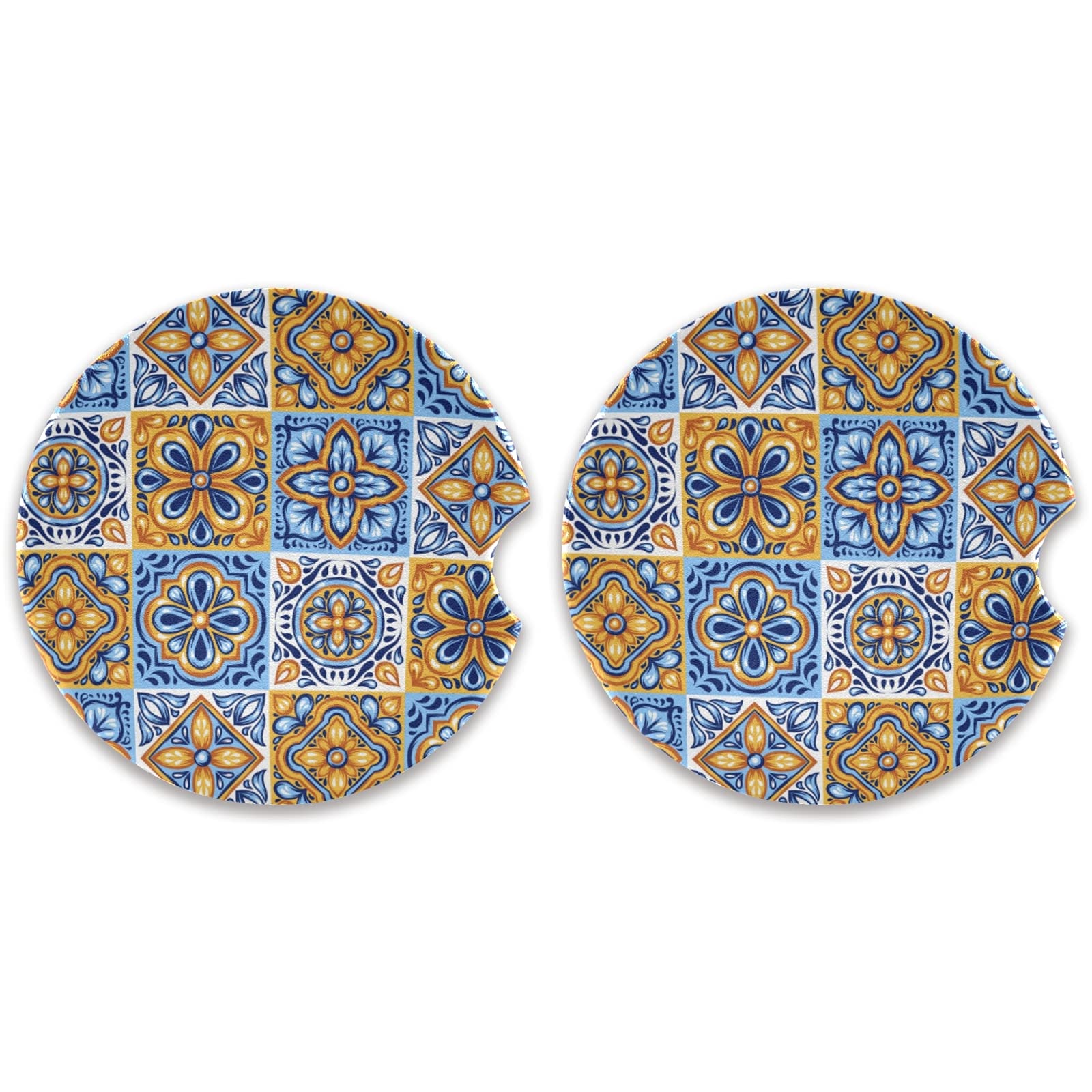 Mexican Talavera Ceramic Tile Car Coaster Set - 2 Pack Absorbent Ceramic Cup Holders with Cork Base for Cars, Vans, Trucks & Boats | Protect Your Vehicle's Interior from Spills & Stains | Perfect for Road Trips, Daily Commute & Marine Use
