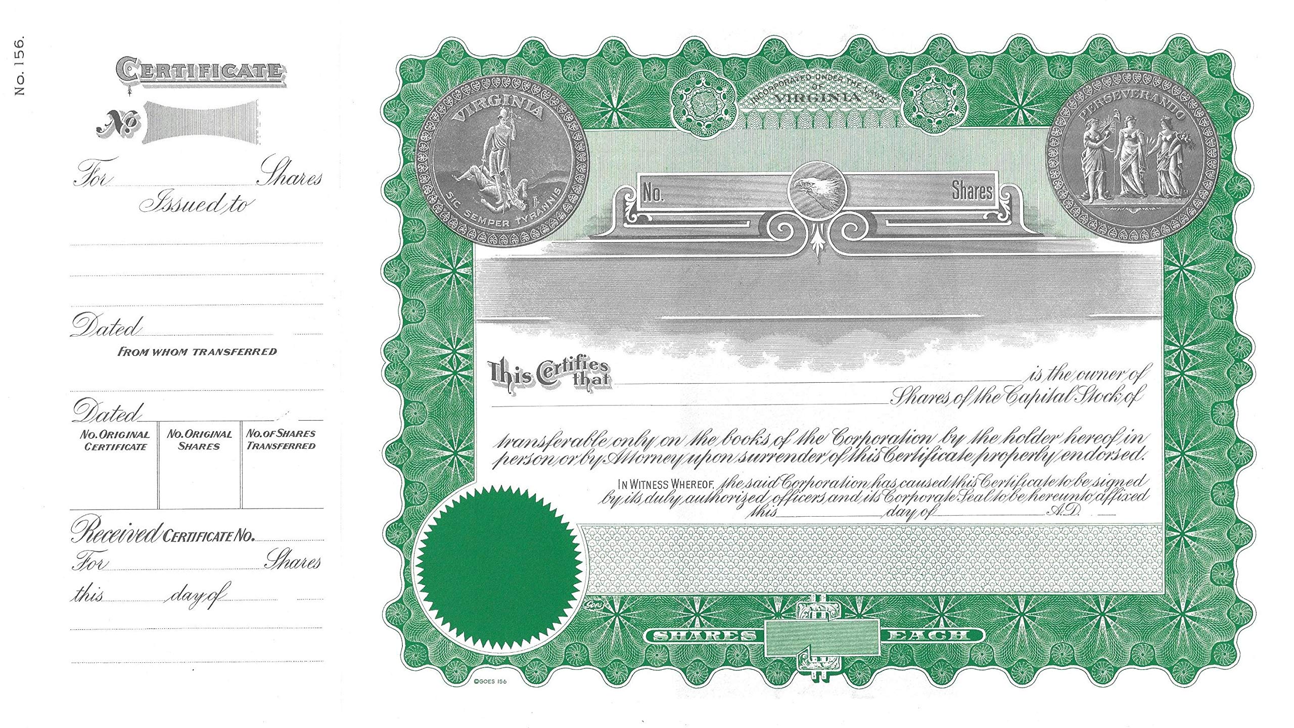 Authentic Virginia Capital Stock Certificate - 156 Goes Series - Pack of 100 - Perfect for Collectors, Historical Displays & Educational Projects