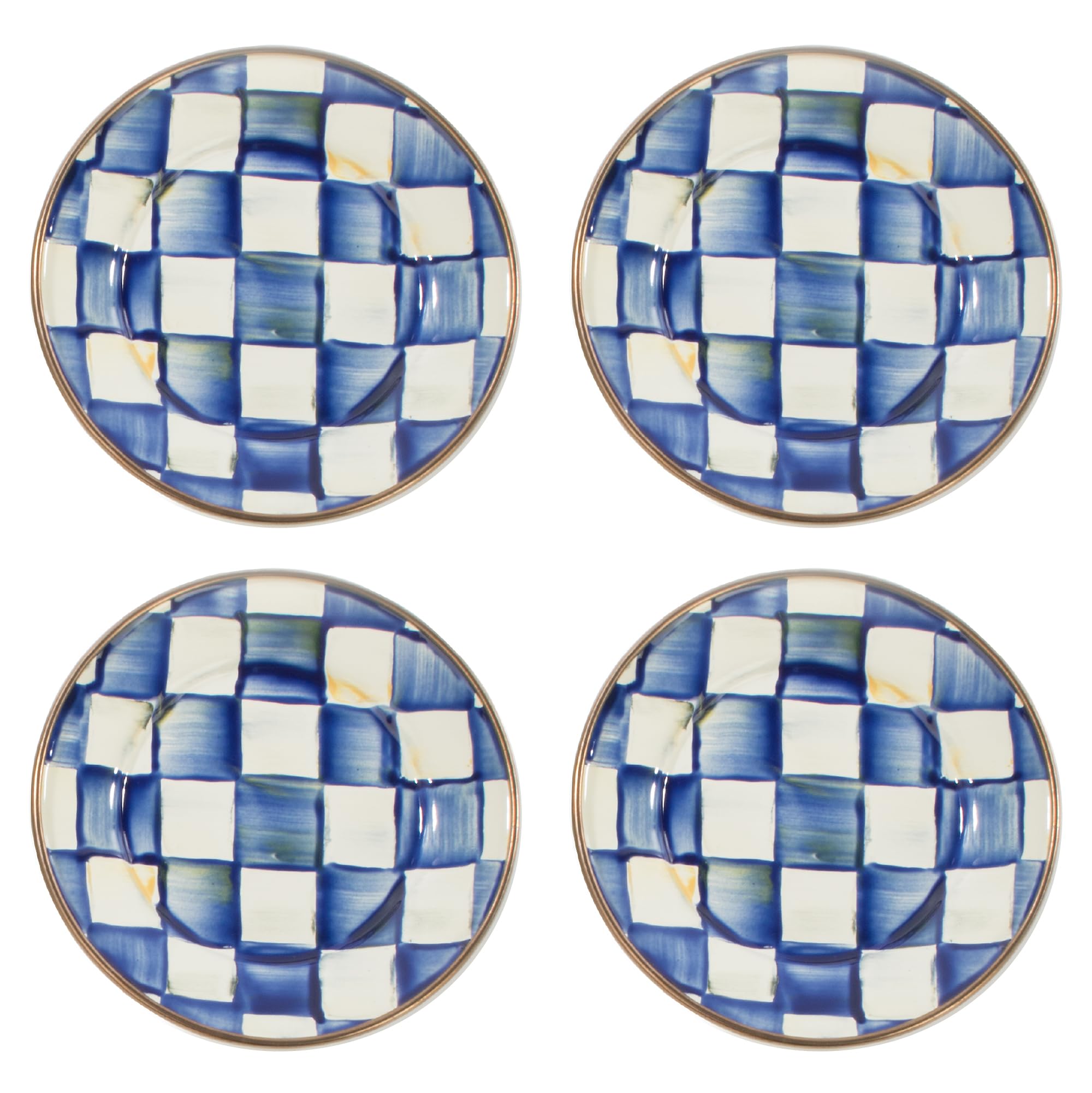 MACKENZIE-CHILDS 4-Piece Blue and White Royal Check Enamel Appetizer Plates Set - 5 Inch Mini Dessert Plates for Parties, Tea Time & Elegant Dining