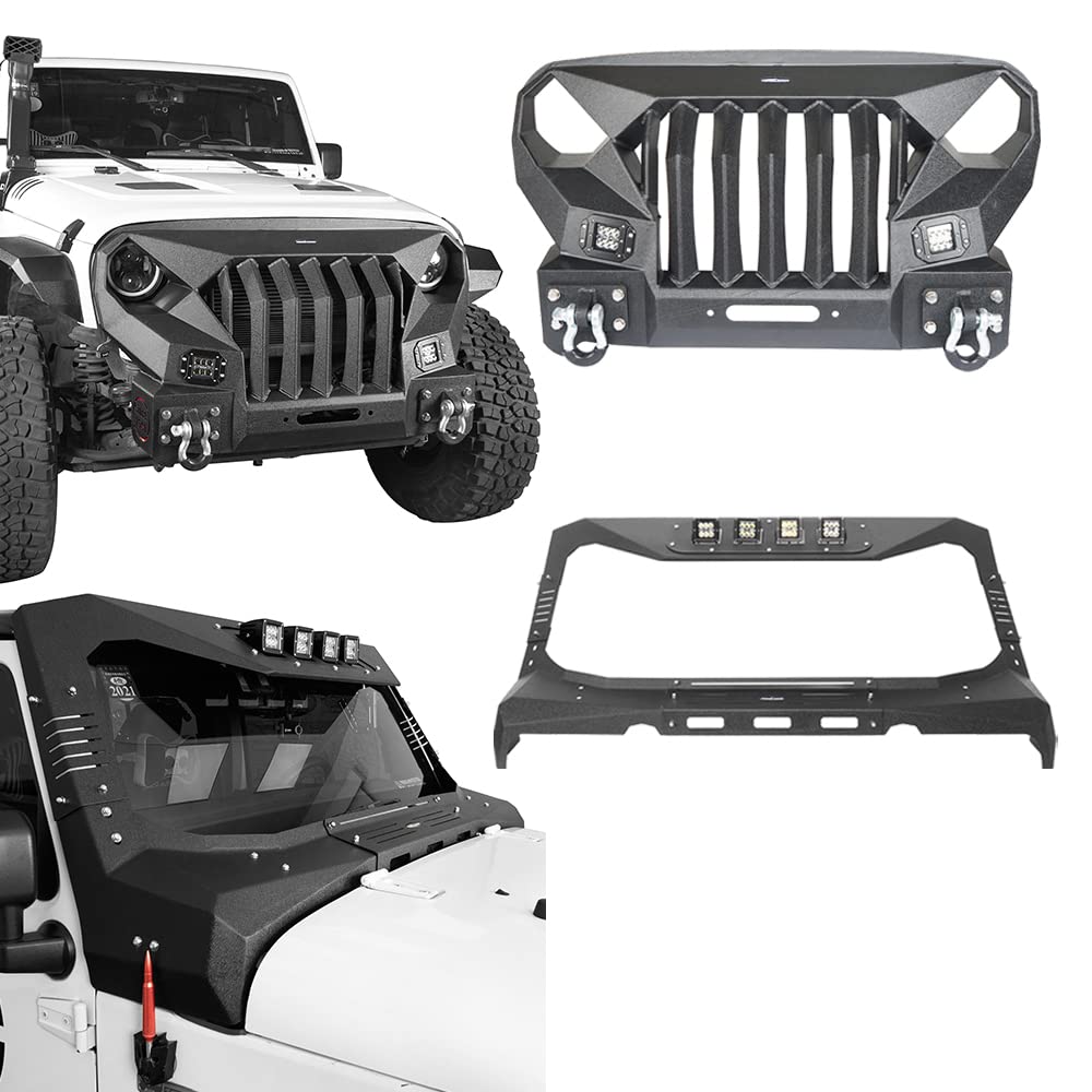 Jeep Wrangler JK Front Bumper Grill & Windshield Frame Cover Visor (2007-2018) - Textured Black with LED Lights | Off-Road Protection & Style Upgrade