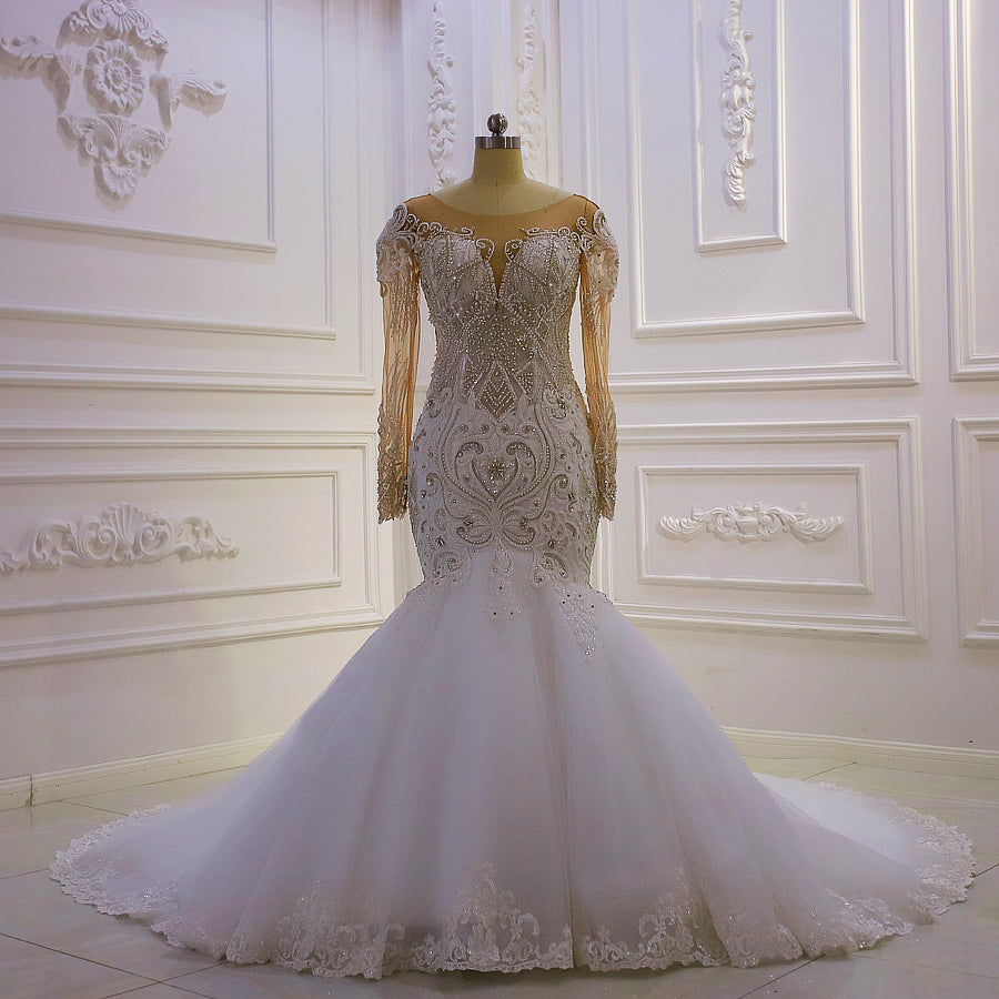 Elegant Long Sleeve Beaded Mermaid Wedding Dress AM1126 - Perfect for Beach, Church, and Formal Bridal Ceremonies