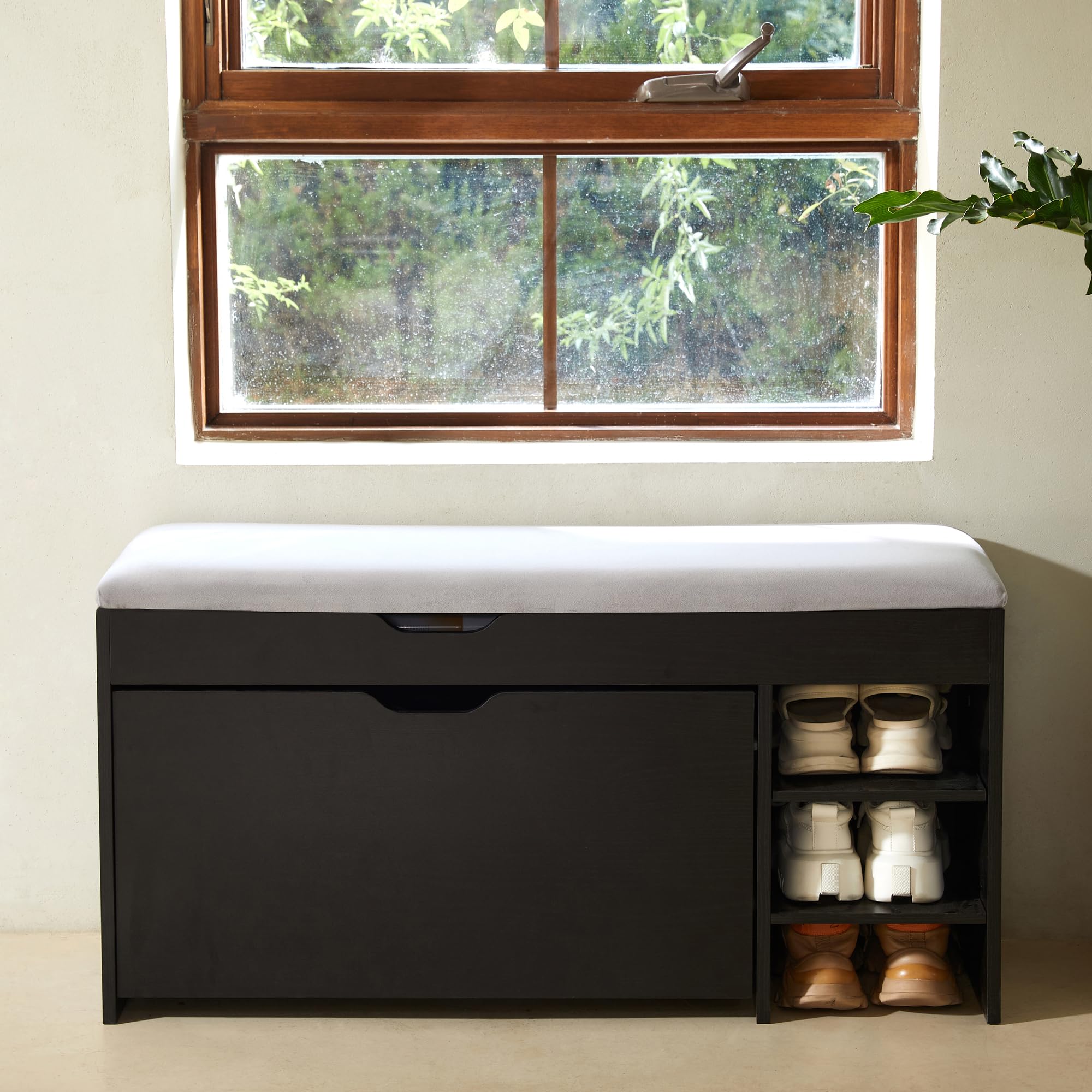 Netstar 3-Tier Shoe Storage Bench with Cushion & Flip Drawer - Lift Top Entryway Organizer for Shoes, Hats & Accessories - Perfect for Hallway, Living Room & Small Space Organization (Black)