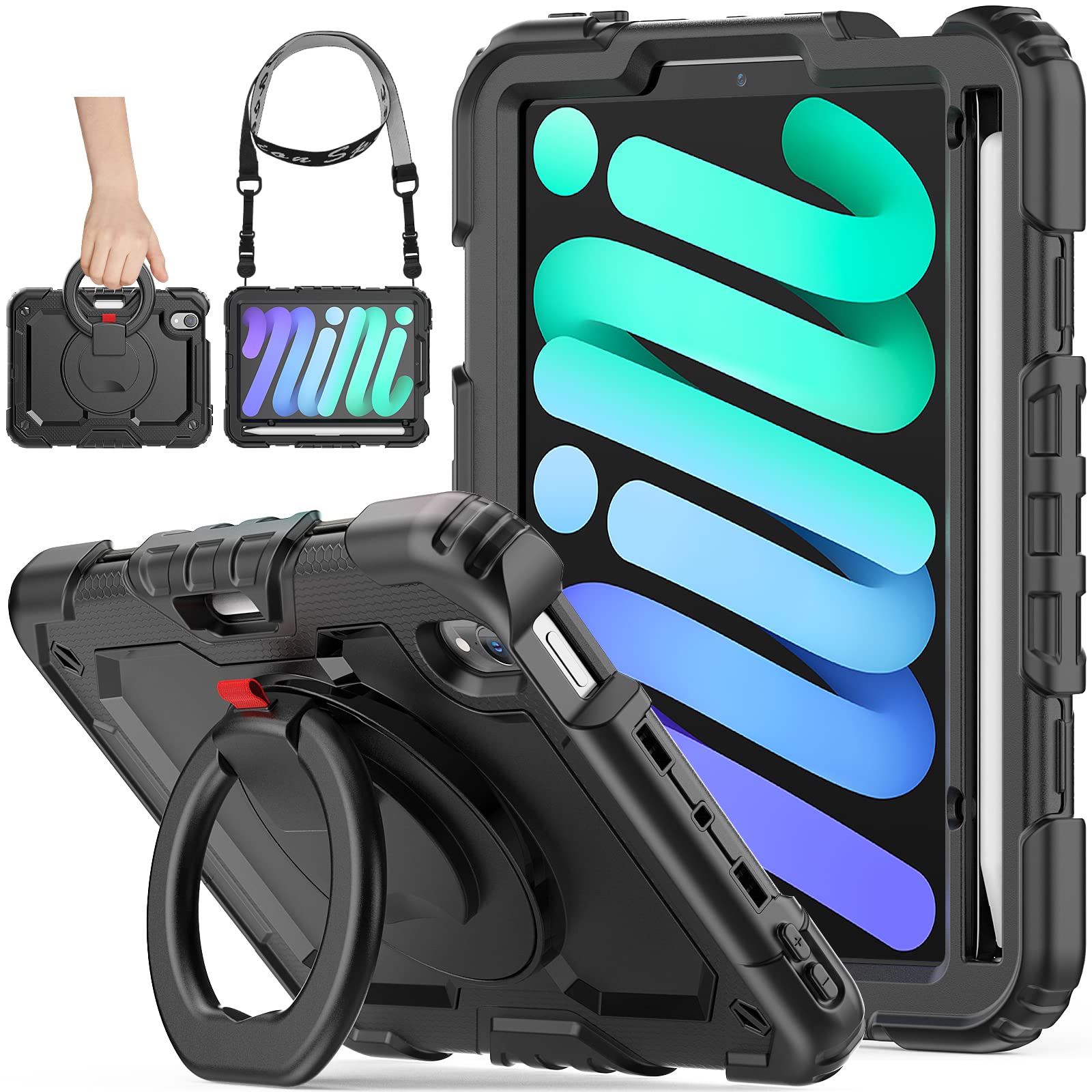 Shockproof 360° Rotating Handle Stand Case for iPad Mini 6 (2021) 8.3 Inch - Full Body Protection with Built-in Screen Protector | Perfect for Travel, Work & Entertainment (Black)