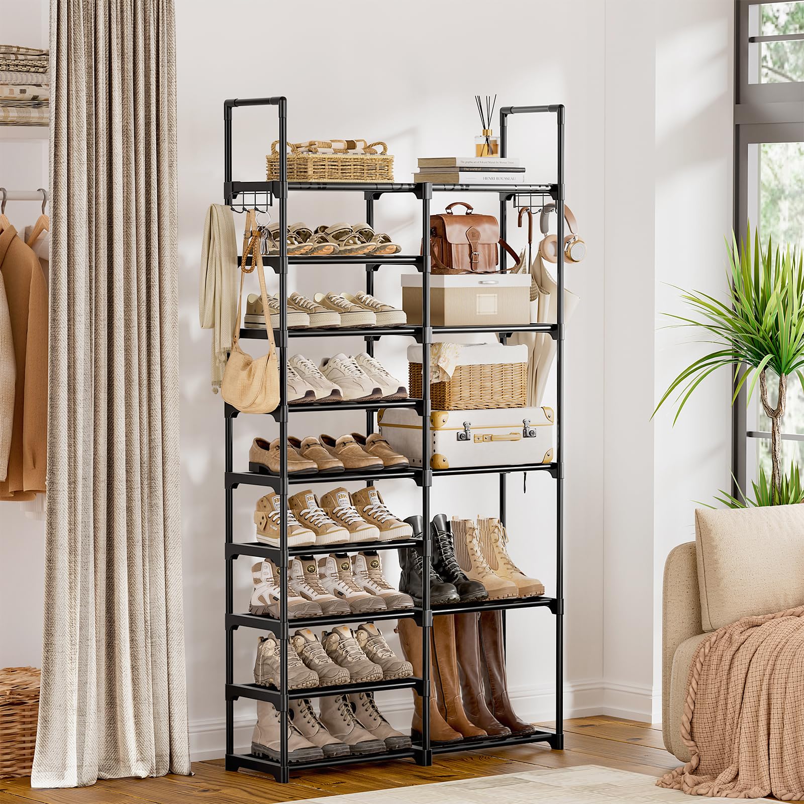 WOWLIVE 9-Tier Shoe Rack Organizer - Heavy Duty Metal Frame with Plastic Connectors, Holds 30-35 Pairs, Stackable Shoe Storage Cabinet for Closet, Entryway, Bedroom - Black (SSS2B9)