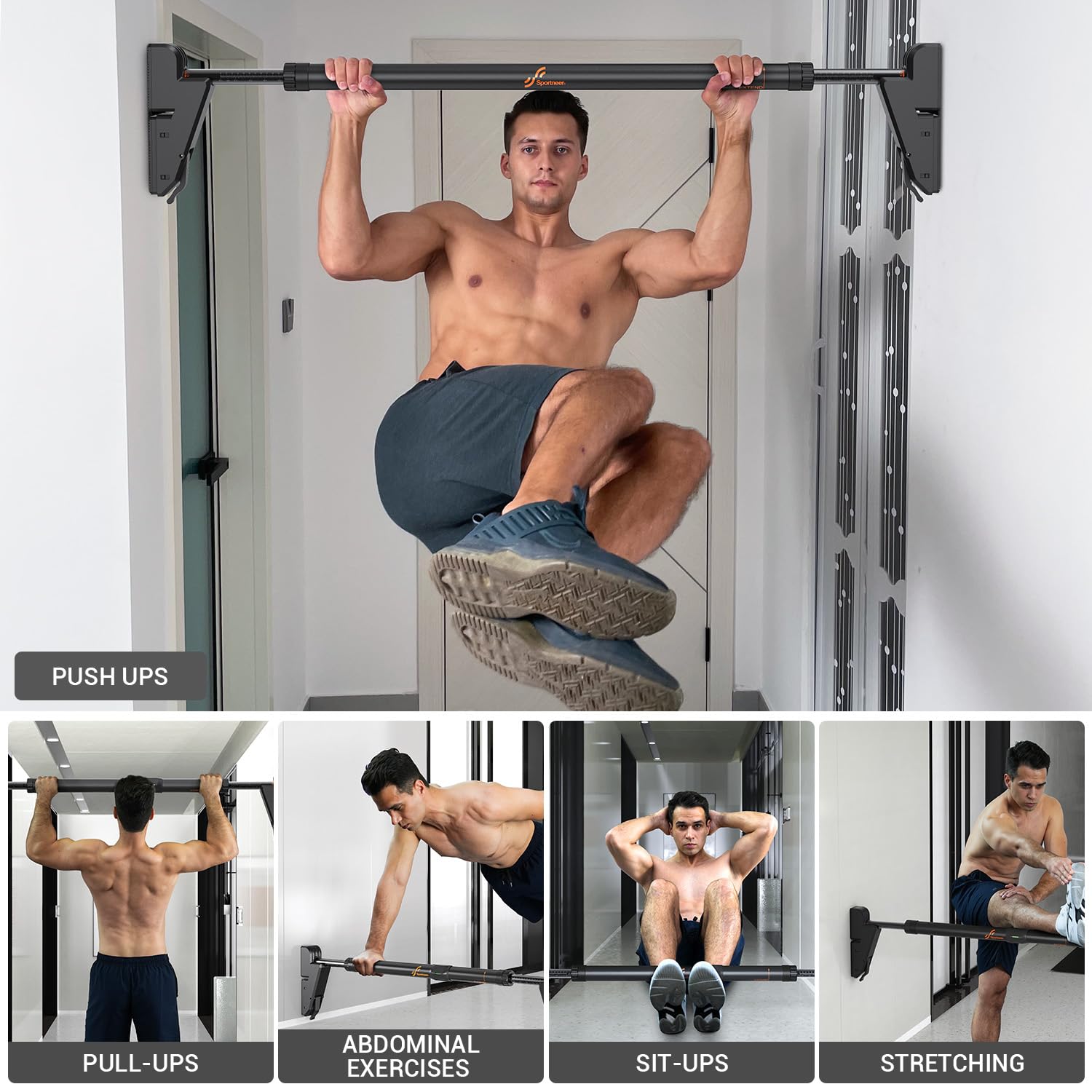 Sportneer No-Screw Adjustable Pull Up Bar for Doorway - 440 LB Capacity Chin Up Bar for Home Gym, Strength Training & Exercise - Perfect for Door Frame Workouts & Home Fitness Routines