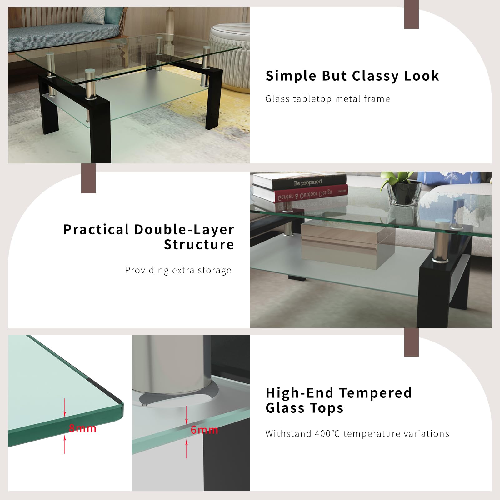 3-Piece Glass Coffee Table Set - Modern Black Living Room Table with Metal Frame (Black) - Perfect for Small Spaces, Apartments & Cozy Home Decor