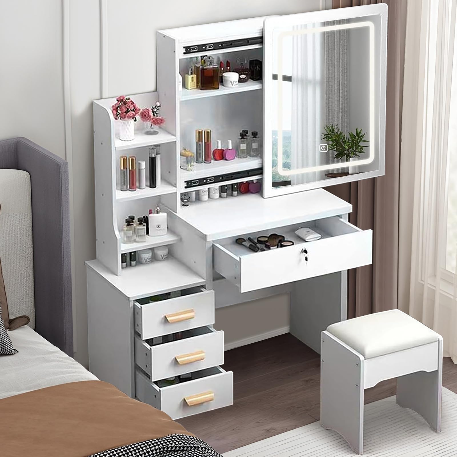 WIIS' IDEA Vanity Desk with LED Lights - Makeup Vanity with Mirror, 4 Drawers & Storage Shelves, Extra Large Sliding Mirror, 3 Lighting Modes & Adjustable Brightness - Perfect for Bedroom, Dressing Room & Beauty Salon Makeup Application