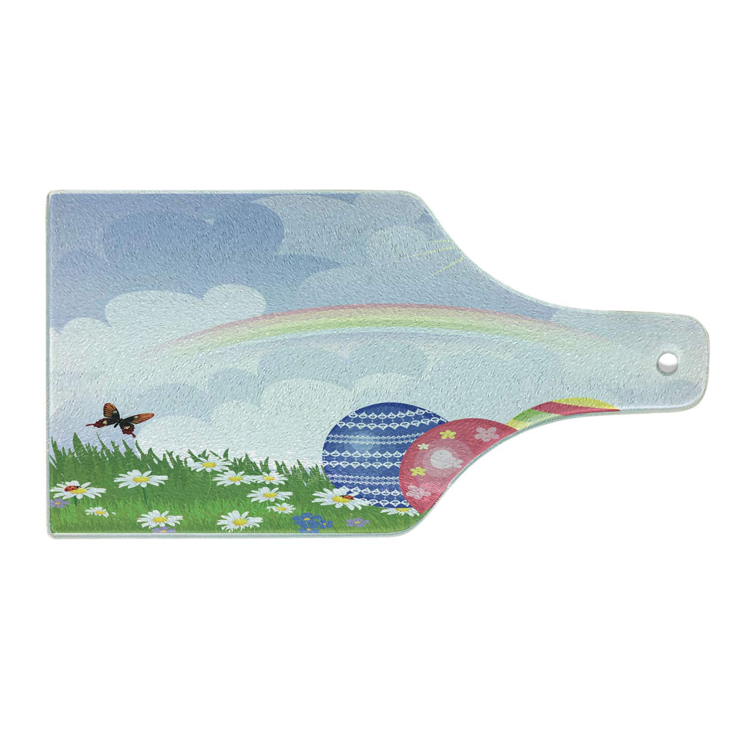 Ambesonne Easter Themed Cutting Board - Daisies, Butterfly & Rainbow Decorated Tempered Glass Serving Board - Wine Bottle Shape - Perfect for Spring Celebrations, Easter Parties & Holiday Dining Decor