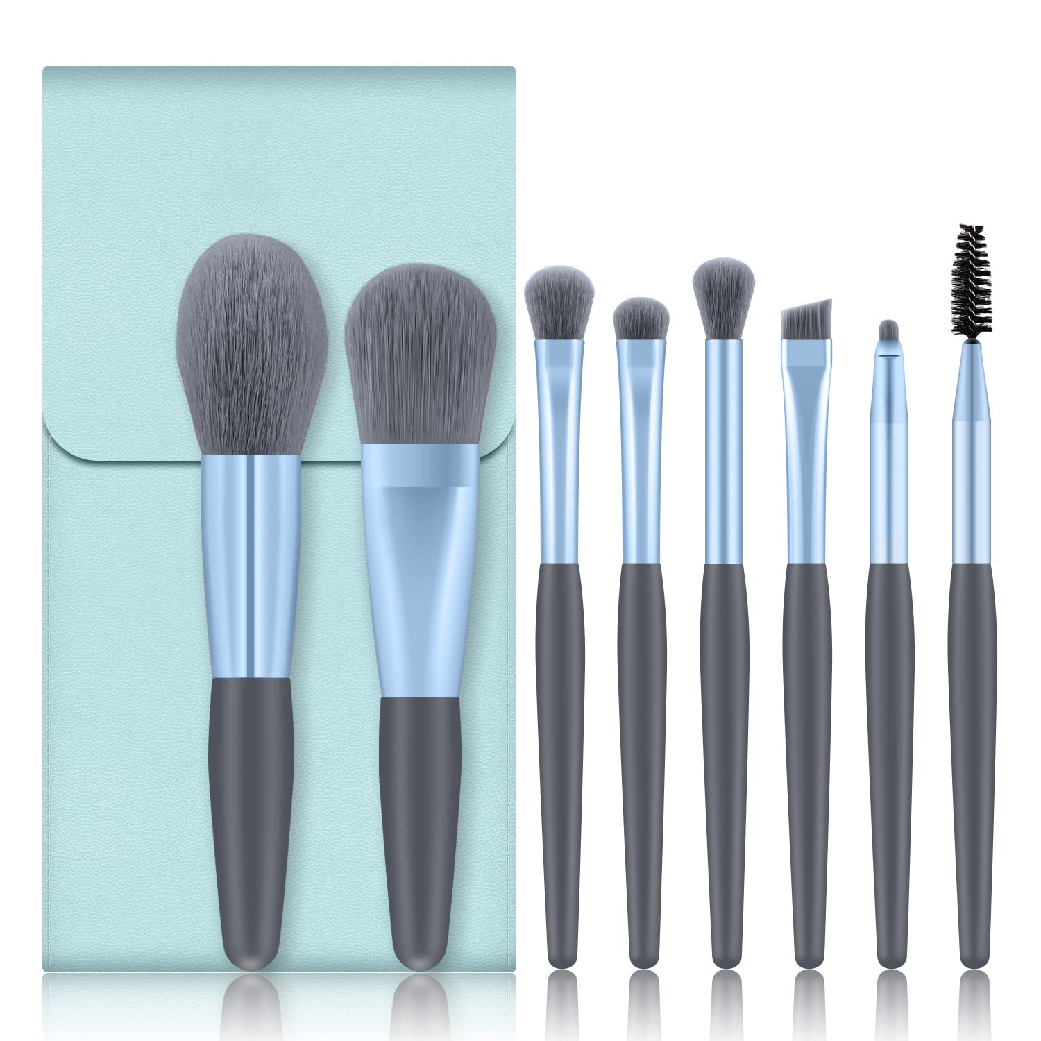 Professional 8PCS Makeup Brush Set for Foundation, Powder, Blush, Eyeshadow & Concealer - Mini Cosmetic Brushes with Leather Makeup Bag (Blue) | Perfect for Travel, Everyday Makeup & Professional Artists