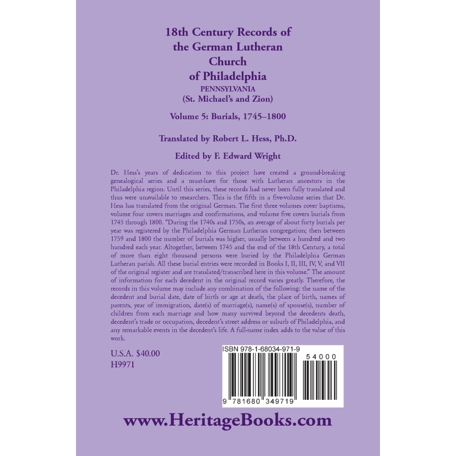 18th Century German Lutheran Church Records - Philadelphia, PA (St. Michael's & Zion) Volume 5: Burial Records | Genealogy Research & Family History Documentation