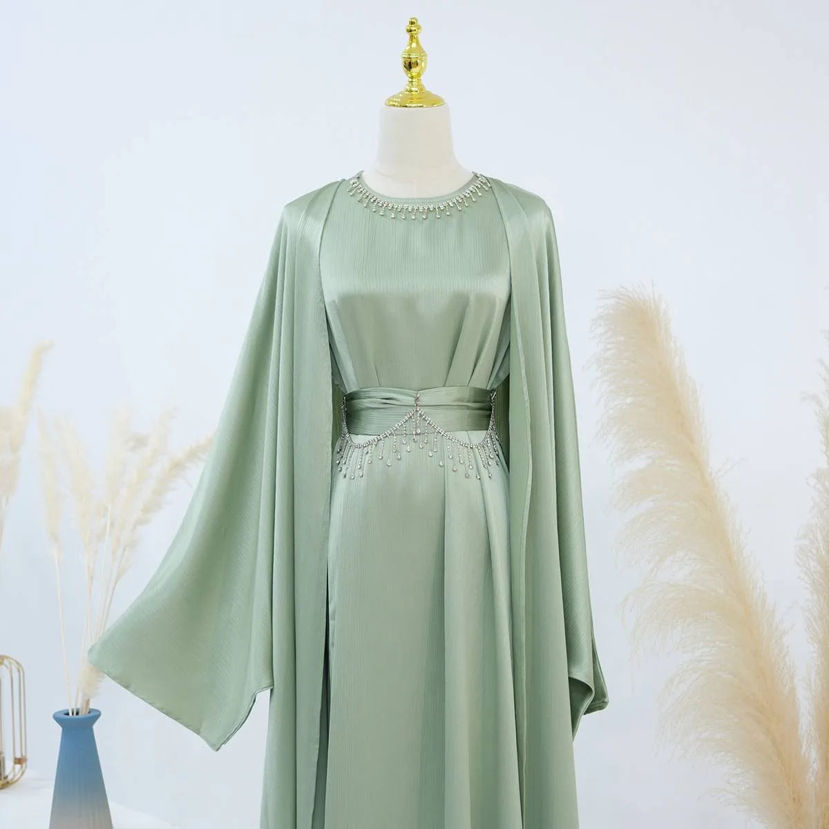Wrinkle-Free Satin 2-Piece Open Abaya Dress Set #24806 - Elegant Muslim Prayer Dress for Women, Perfect for Special Occasions & Daily Wear