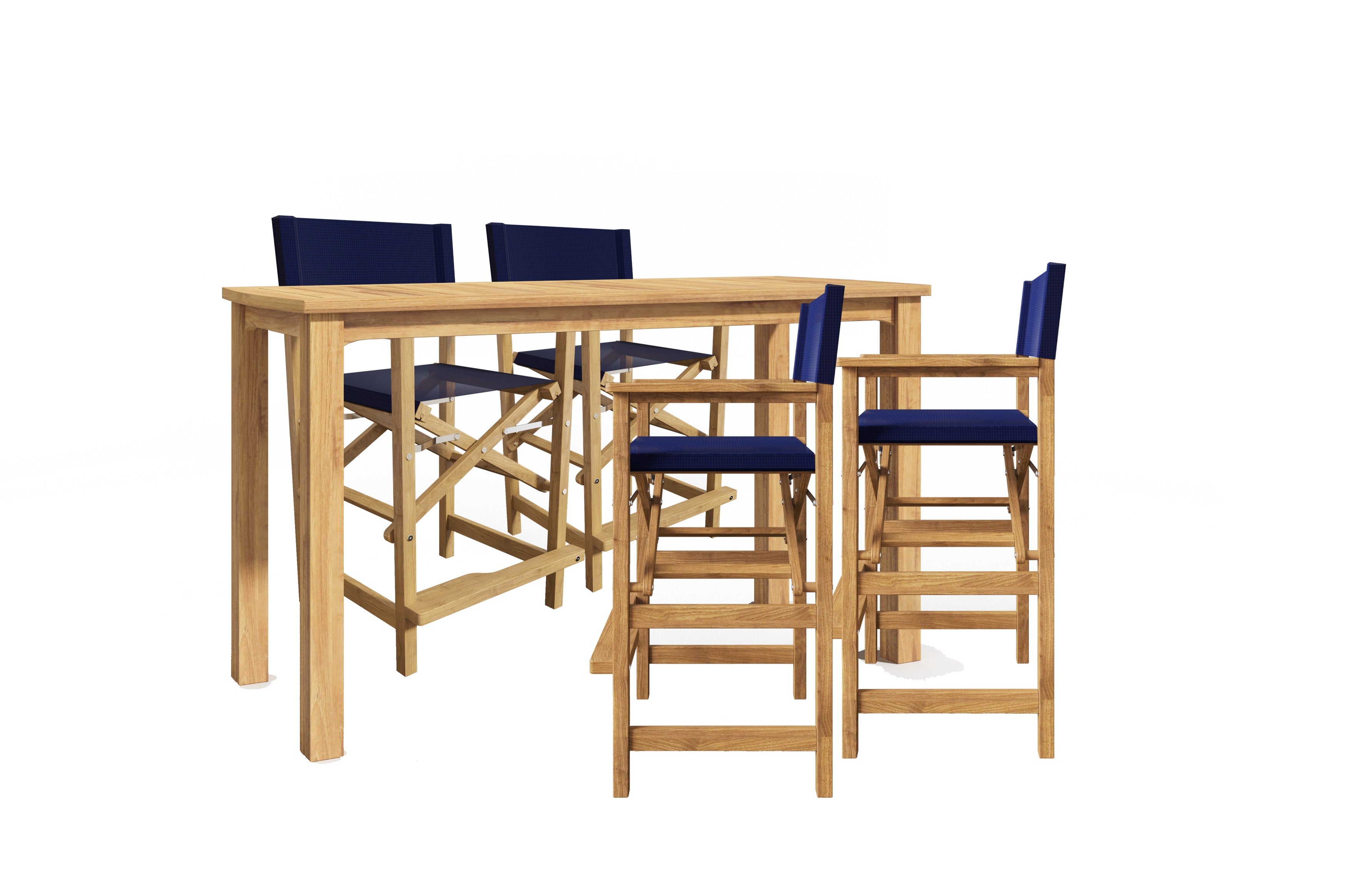 5-Piece Rectangular Teak Outdoor Counter Height Dining Set with Folding Armchairs - Blue Patio Furniture for Garden, Deck & Poolside Dining