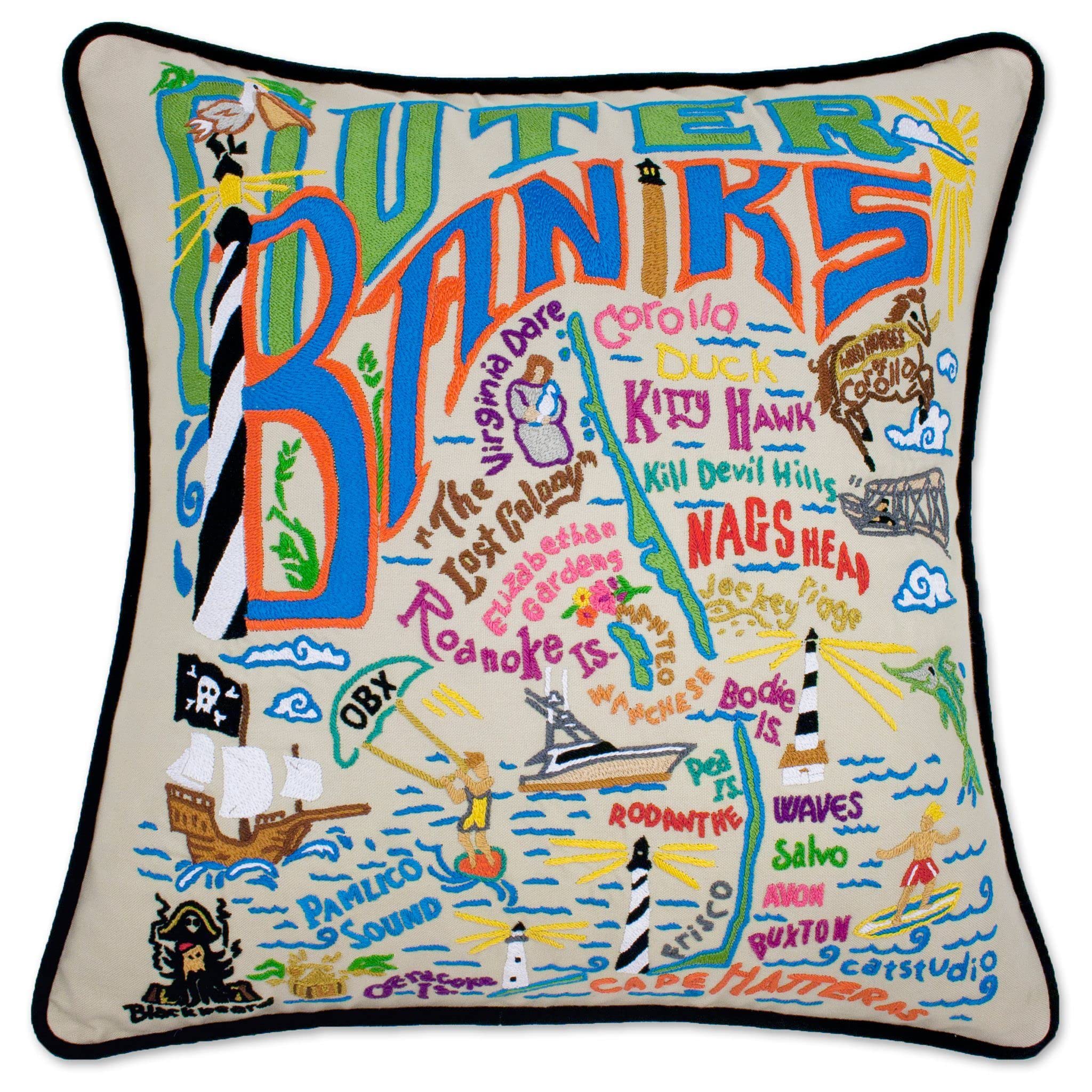Catstudio Outer Banks Embroidered Decorative Throw Pillow - Coastal Home Decor for Sofa, Bed & Living Room