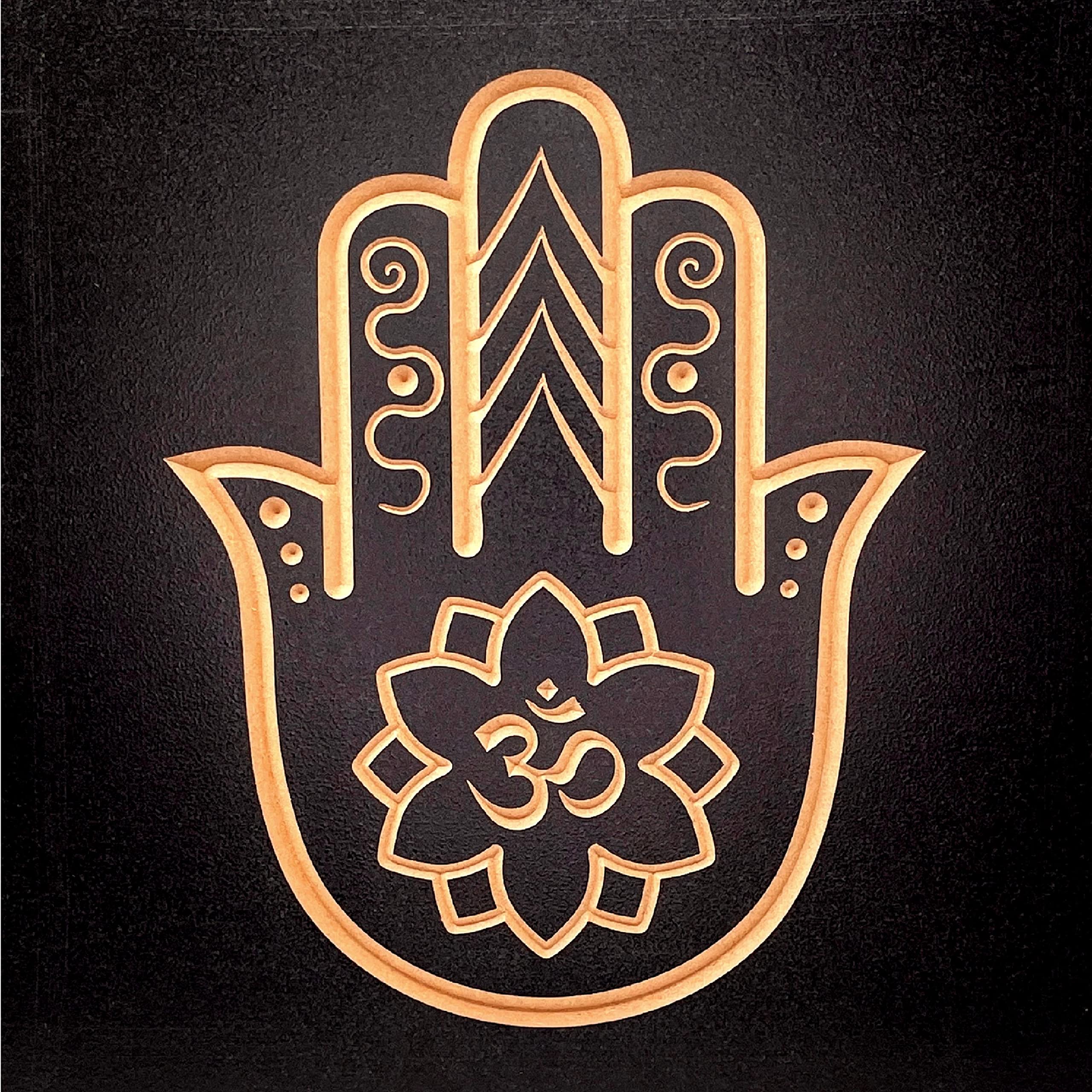 Hand Carved Black Wood Hamsa Hand Om Flower Wall Decor - 8 x 8 Inches Spiritual Wall Art for Pooja Room, Meditation Space & Home Decor - Indian Wooden Wall Hanging with Sacred OM Symbol - Perfect for Yoga Studios, Prayer Rooms & Boho Chic Interiors