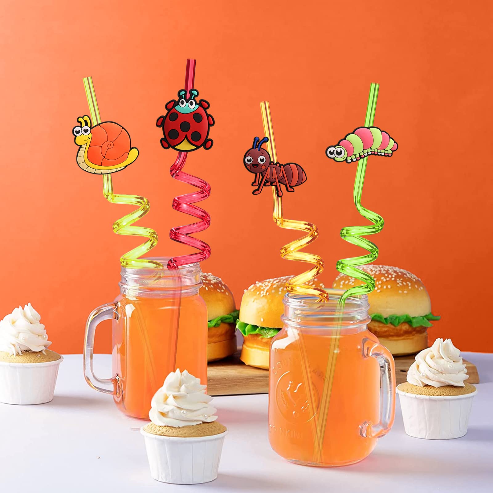 24-Pack Reusable Plastic Straws for Bug Themed Birthday Party - Insect Party Favors & Decorations with 2 Cleaning Brushes - Perfect for Kids' Birthday Parties, Baby Showers & Outdoor Events