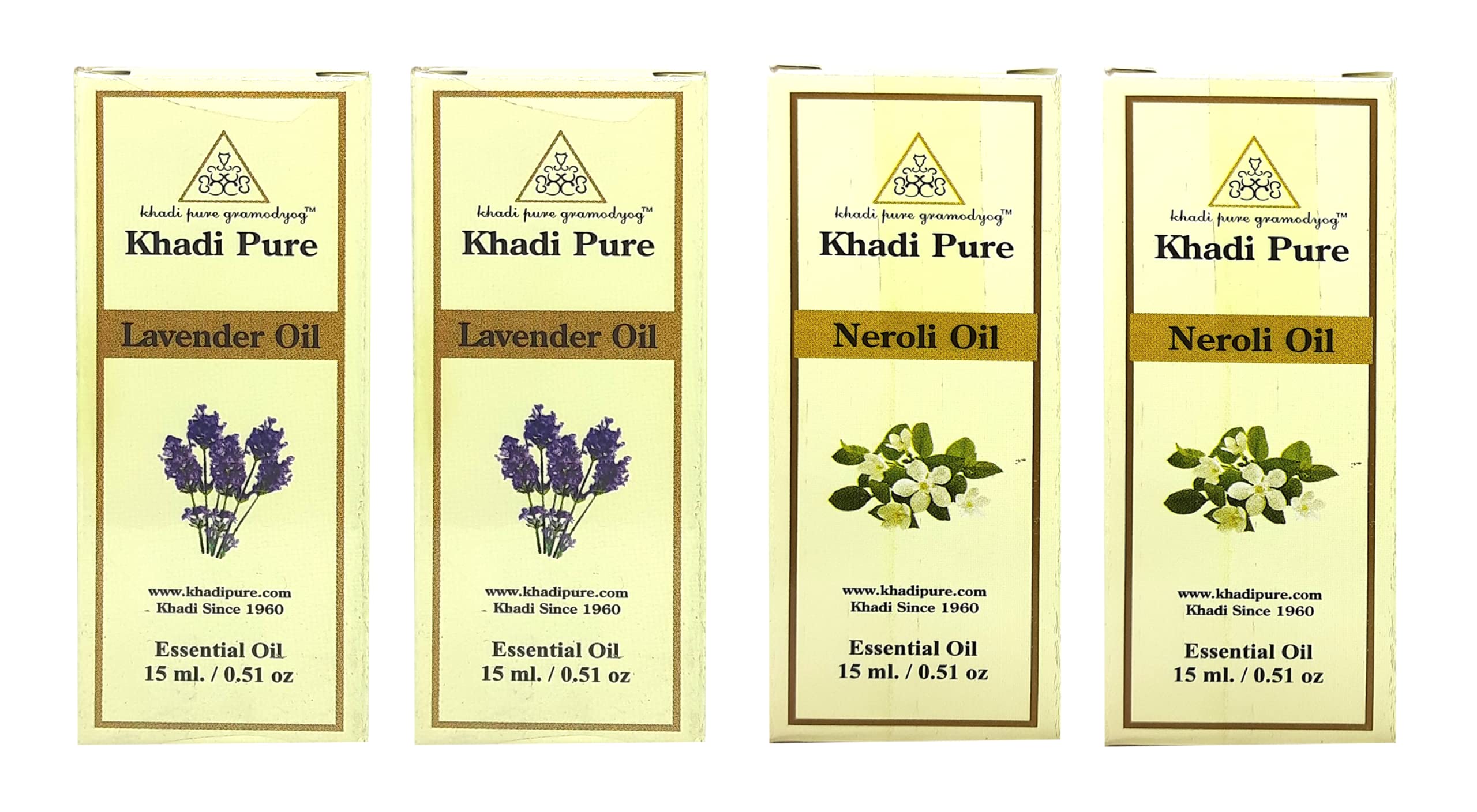 Khadi Pure Lavender & Neroli Essential Oil 15ml - 4 Pack Set for Aromatherapy, Massage & Relaxation - 100% Natural Therapeutic Grade Oil for Diffusers, Bath & Skin Care