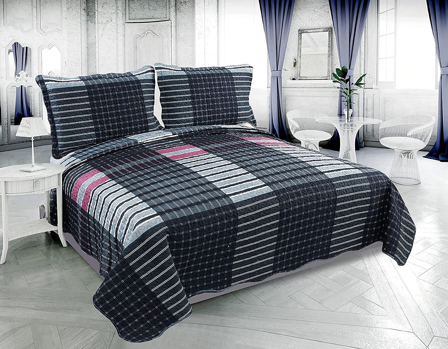 Plaid 3-Piece Bedspread Set King - Cozy Tartan Quilt for Bedroom Decor
