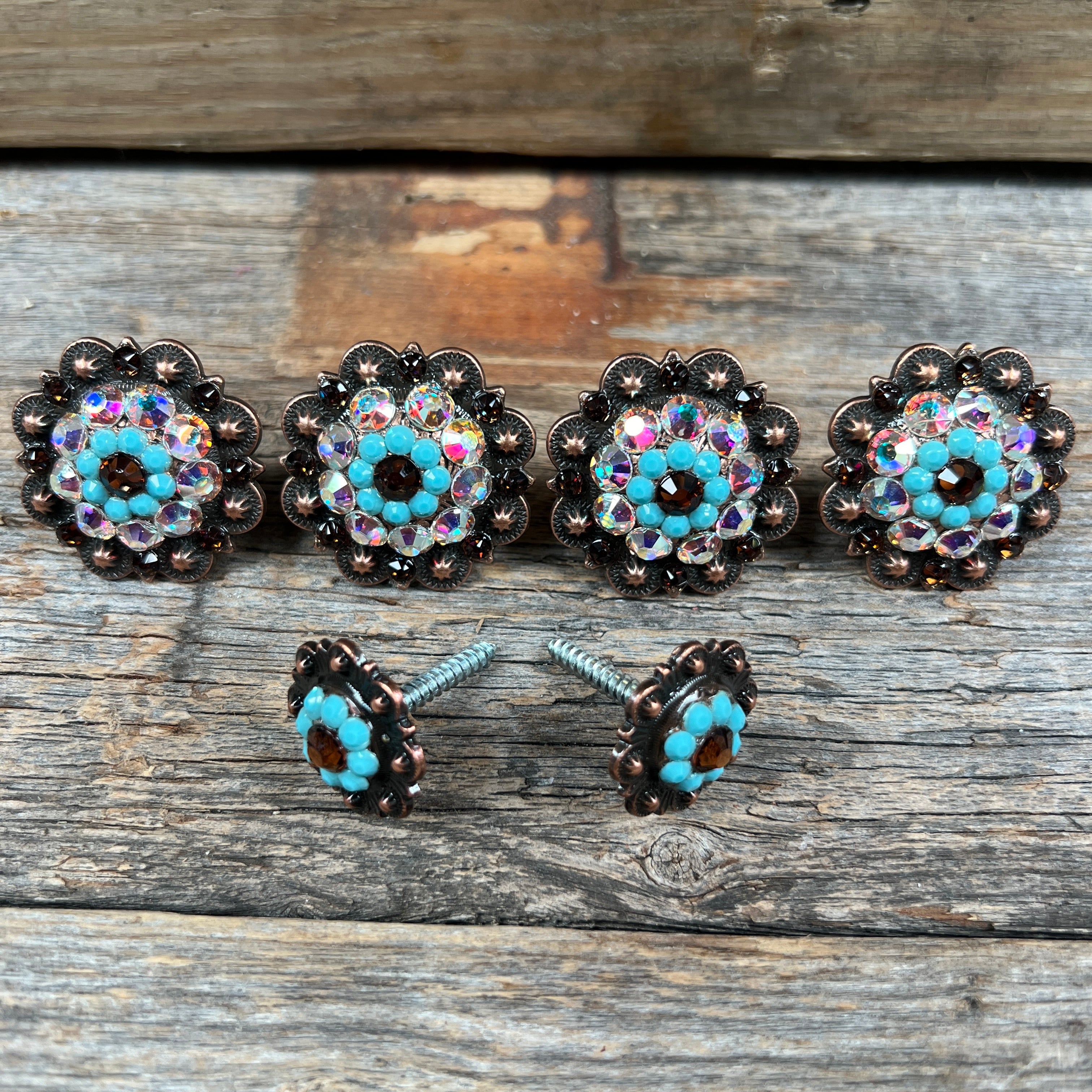 Vintage Copper Topaz Turquoise & AB Saddle Conchos for Western Leather Crafts - Perfect for Belt Buckles, Handbag Decor & Cowboy Boot Accessories