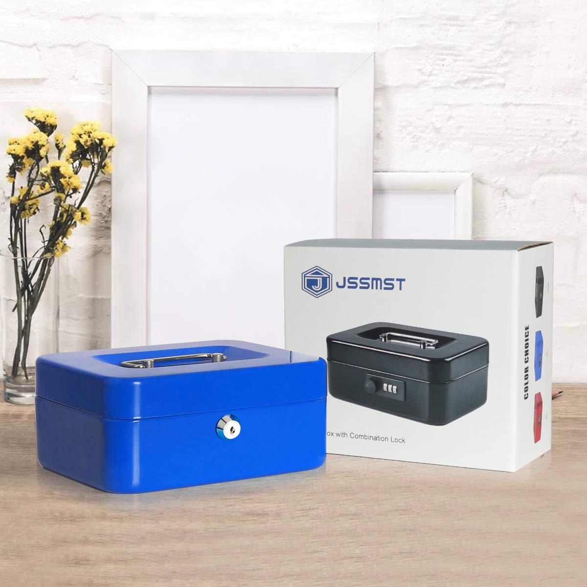 Jssmst Medium Steel Cash Box with Money Tray & Secure Lock - Blue - Ideal for Small Business, Home Office, Retail Store, and Cash Management
