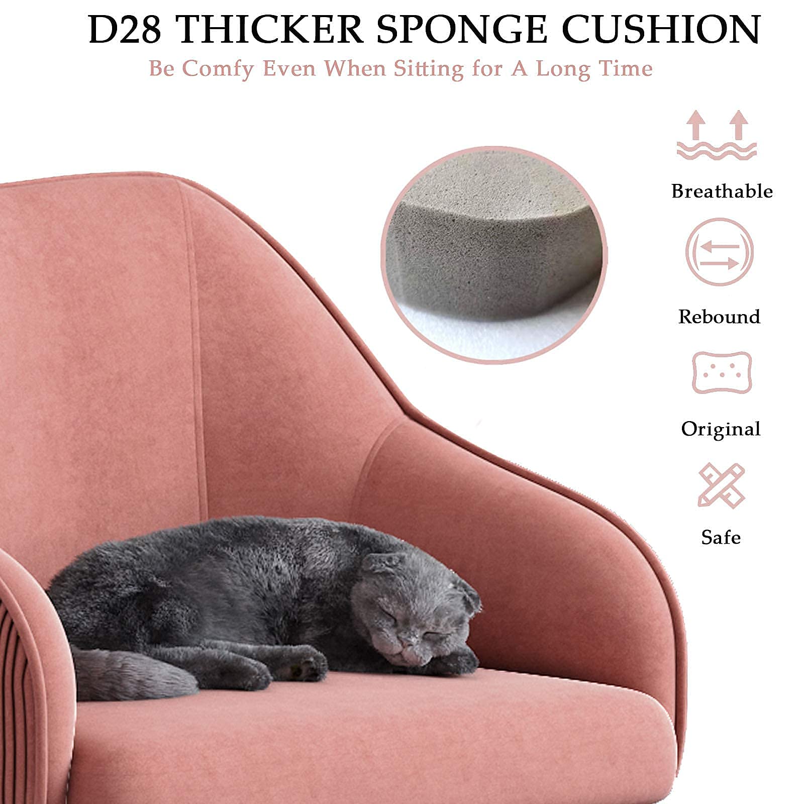 Cute Pink Velvet Desk Chair with Wheels and Arms for Teen Girls - Ergonomic Swivel Rolling Task Chair for Home Office, Bedroom, Makeup Vanity - Comfy Computer Chair for Studying, Working, Gaming & Relaxing