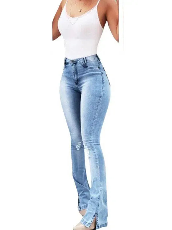 Women's High Waist Flared Jeans with Slit Detail - Trendy Bootcut Denim Pants for Casual Outfits & Night Out