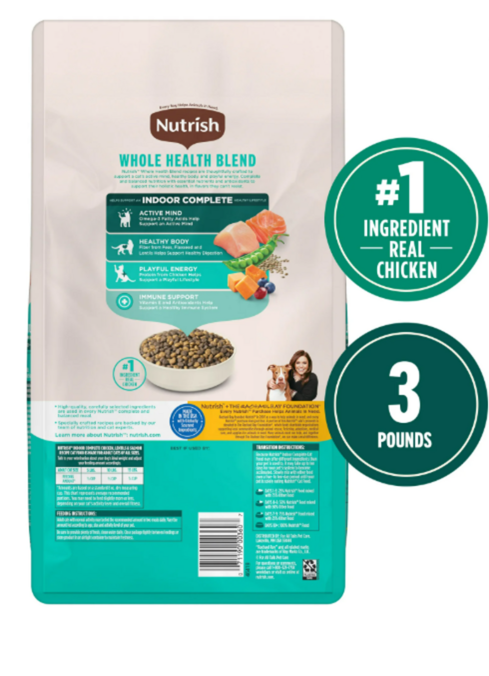 Rachael Ray Nutrish Indoor Complete Chicken & Salmon with Lentils Recipe Dry Cat Food - Premium Natural Nutrition for Indoor Cats - Perfect for Weight Control & Healthy Digestion