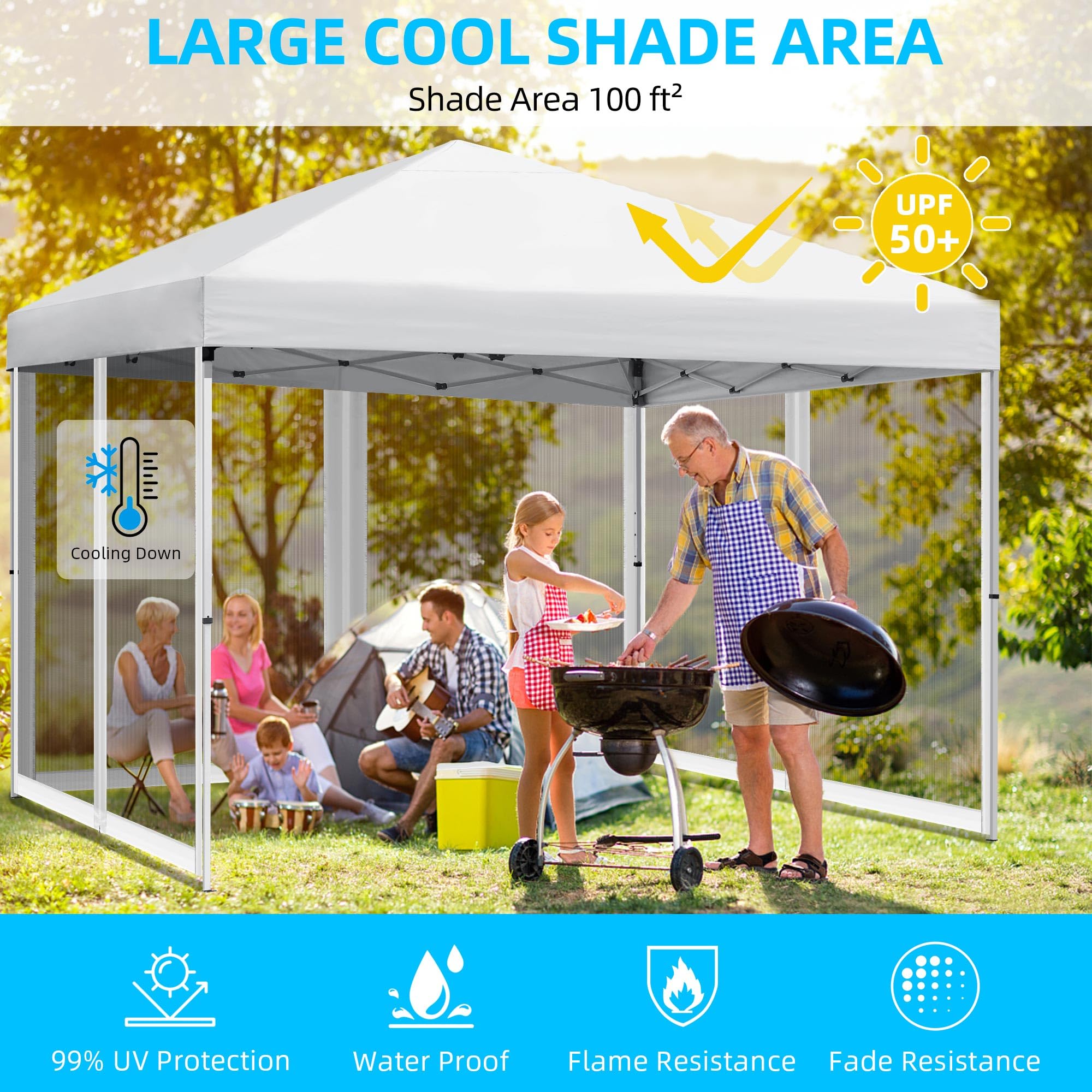 DWVO 10x10 Pop Up Canopy Tent with Netting - Easy Setup Outdoor Screen House with Carry Bag - Perfect for Patio, Beach, Camping & Picnics (White) | Portable Shelter for Parties, Backyard & Outdoor Events