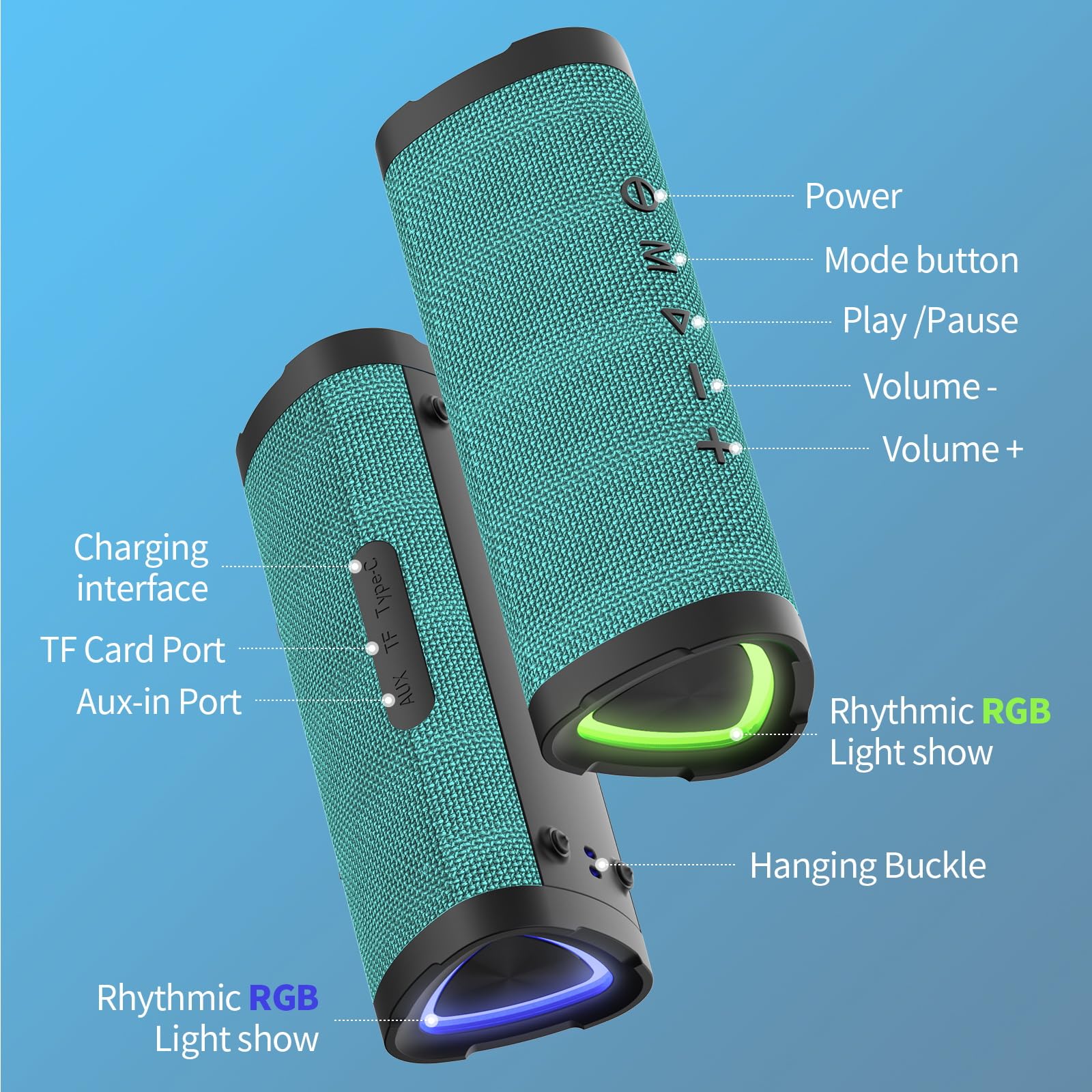 Vanzon V40 Portable Bluetooth Speaker - 24W Loud Stereo Sound, TWS Pairing, 24H Playtime, IPX7 Waterproof (Light Green) | Perfect for Outdoor Adventures, Pool Parties & Travel