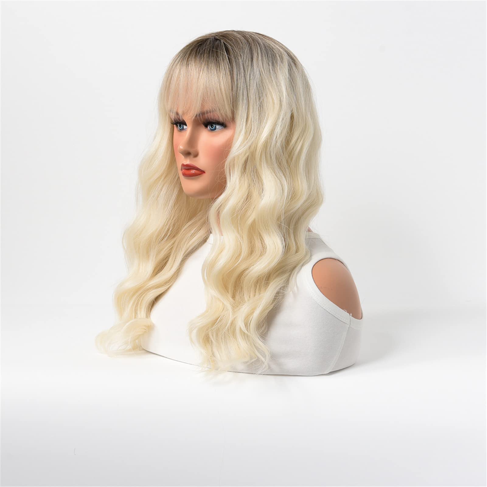 Heat Resistant Synthetic Wavy Hair with Flat Straight Bangs - Perfect for Cosplay, Costumes & Everyday Styling