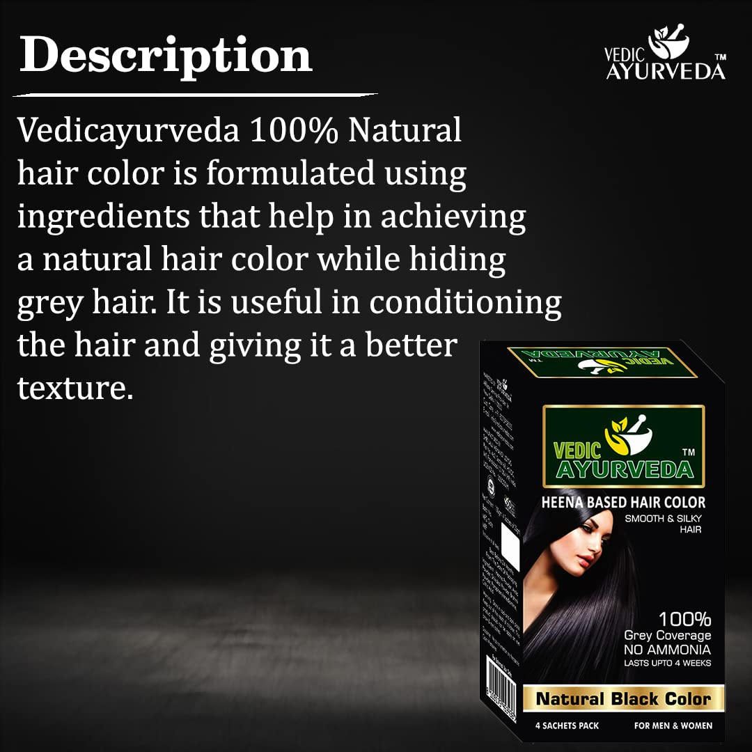 VedicAyurvedas Bio-Organic Natural Pure Henna Hair Color - 100% Gray Coverage, Ammonia-Free, Black Shade (4 Sachets) for Smooth Silky Hair | Safe Herbal Hair Dye for Women & Men | Perfect for Home Use, Salon Results, and Covering Gray Hair Naturally