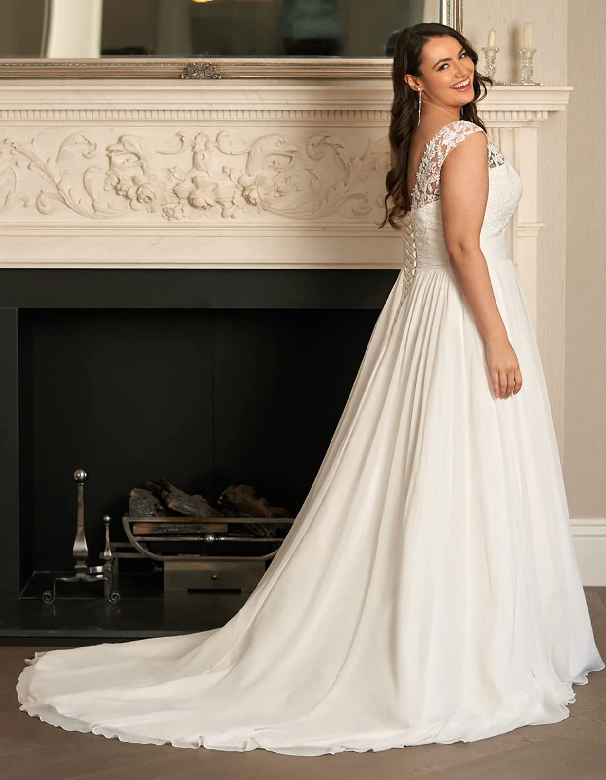 Elegant Plus Size Wedding Dress - Chiffon Lace A-Line Boho Beach Gown with Train for Women | Perfect for Beach Weddings, Outdoor Ceremonies & Boho Bridal Style